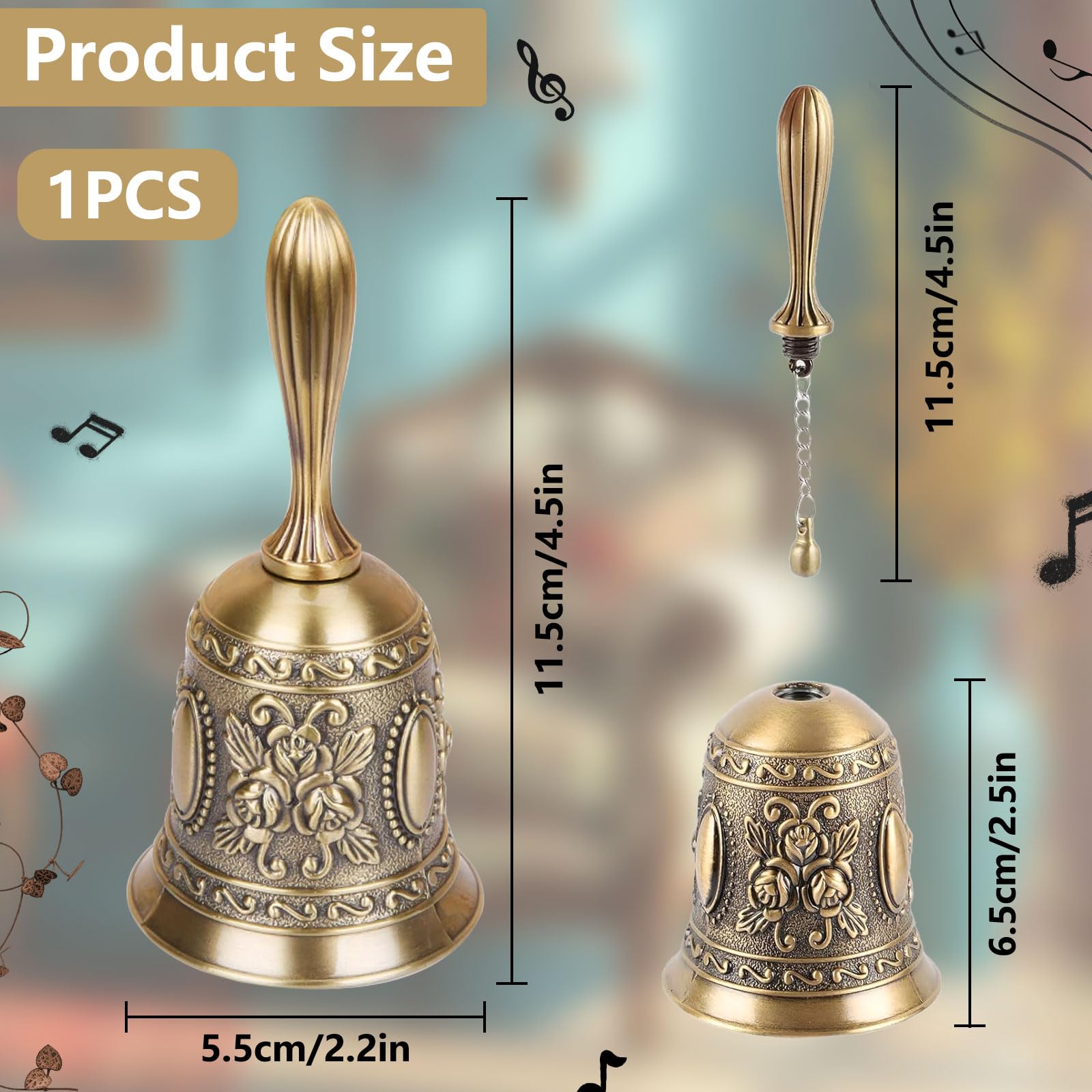 Campana de Mano de Bronce para Té, Navidad, Escuela, Hotel
