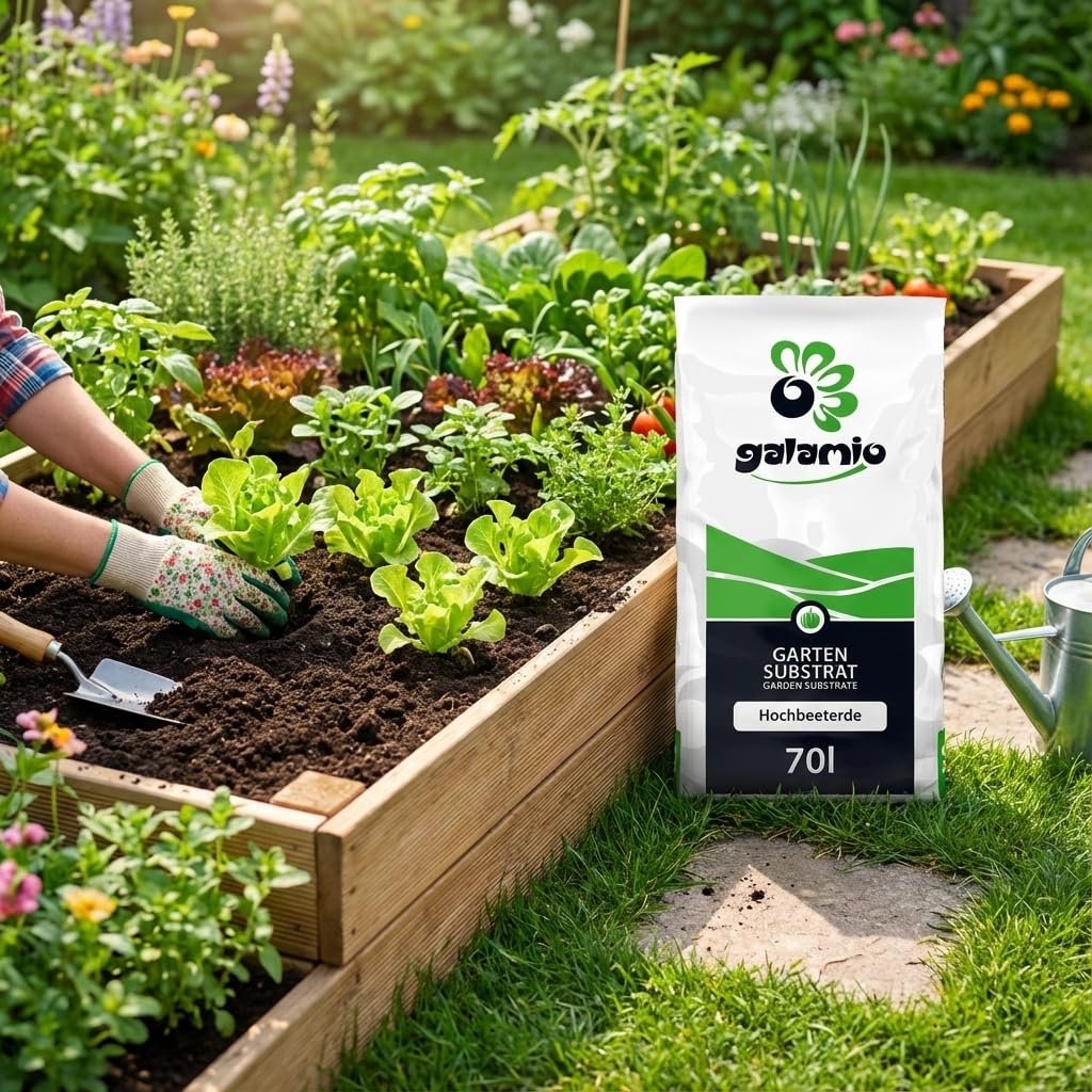 GALAMIO - Hochbeeterde und Gemüseerde – organisch gedüngte Pflanzerde und Gartenerde mit Kompost für Hochbeet, Kräuter und Gemüsepflanzen – 70 l pro Sack – 30 Säcke auf Palette