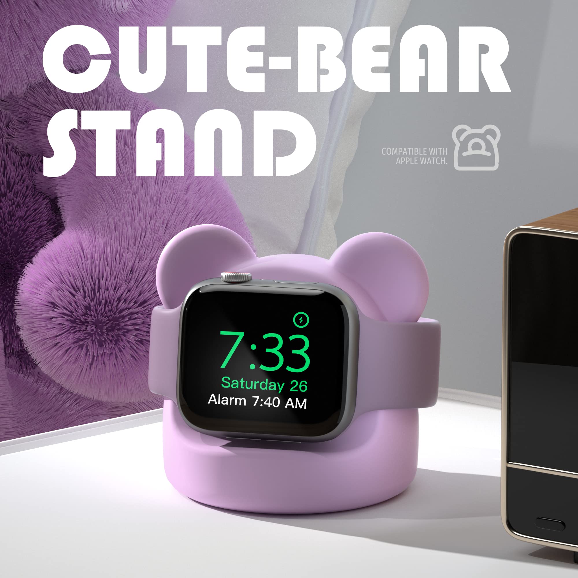 ELETIUO iWatch Charger Stand,Compatible with Apple Watch Series 49/45/44/42/41/40/38mm (Ultra2/Ultra/9/8/7/6/SE2/SE/5/4/3/2/1)Accessories,Silicone Charging Dock Holder Supports Nightstand Mode,Purple