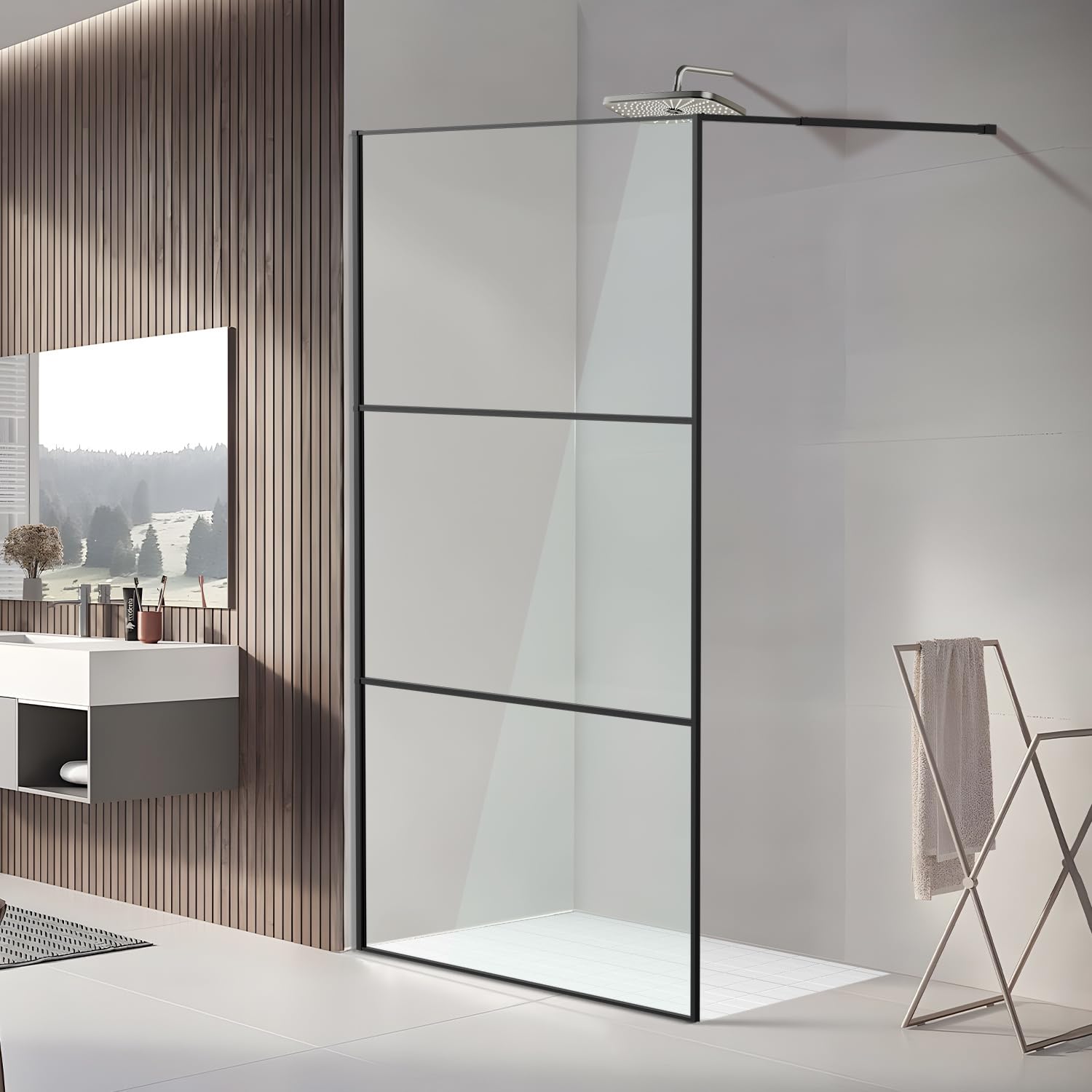 Cabine de douche Walk-in 120 x 200 cm Noir, Paroi de douche en verre avec verre de sécurité ESG de 5 mm, design à cadre tripartite, cadre en aluminium, séparation de douche pour douche à