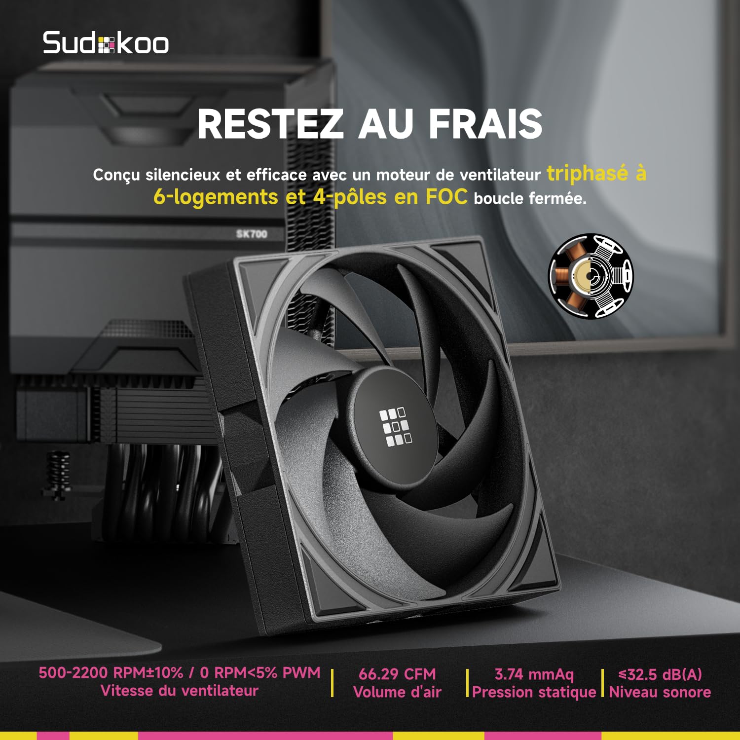 Sudokoo SK700V Ventirad AM5 Exclusif, Affichage Numérique, 7 Caloducs Ventilateur de Processeur, Tour Unique, Ventilateur 120mm FDB PWM, Accès RAM Complet, Montage Facile, Garantie 5 Ans, Noir
