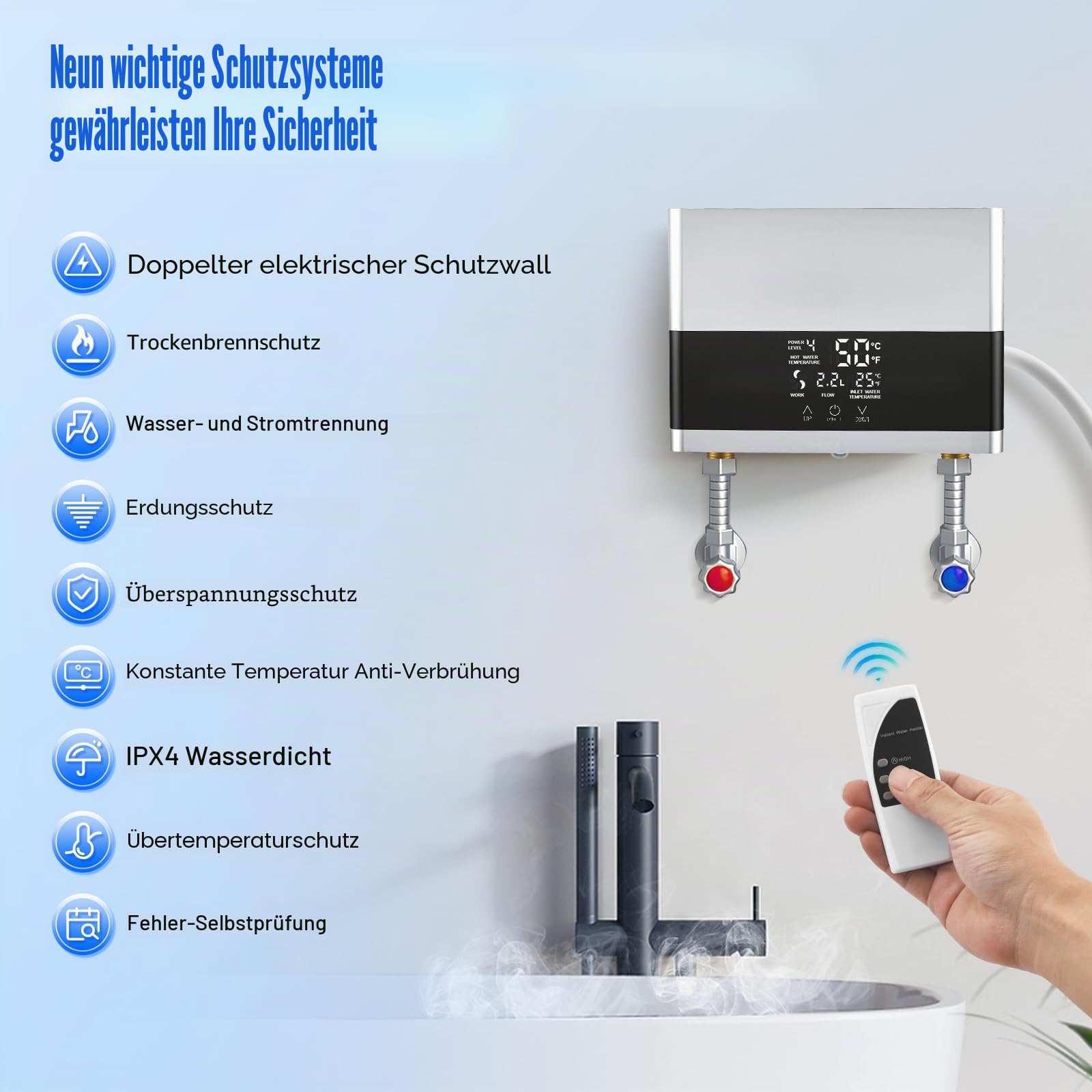 6000W Durchlauferhitzer 230V mit Fernbedienung & LED-Display | Mini Elektrischer Warmwasserbereiter für Dusche und Küche | Inkl. Duschkopf, IPX4 Schutz für Bad & Garten (Silber)