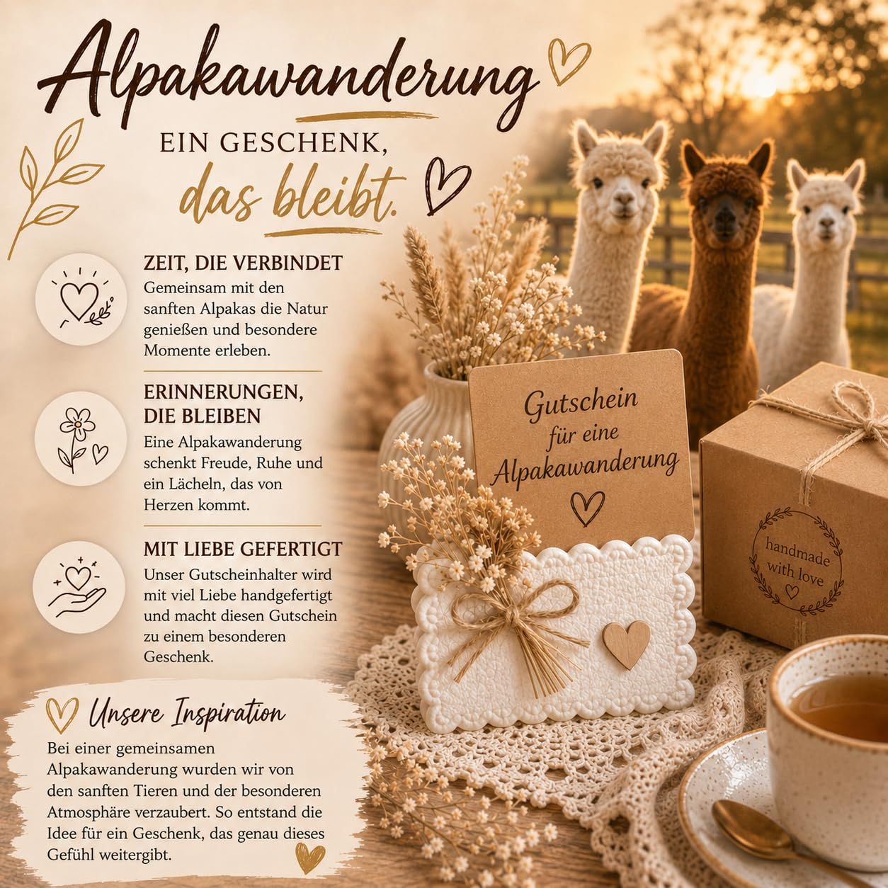 Alpaka Gutscheinhalter Geschenk für Alpakawanderung, handgemachte Geschenkverpackung mit Holztablett, Kuvert, Herzhalter und Alpaka-Figur, ohne Gutscheinwert