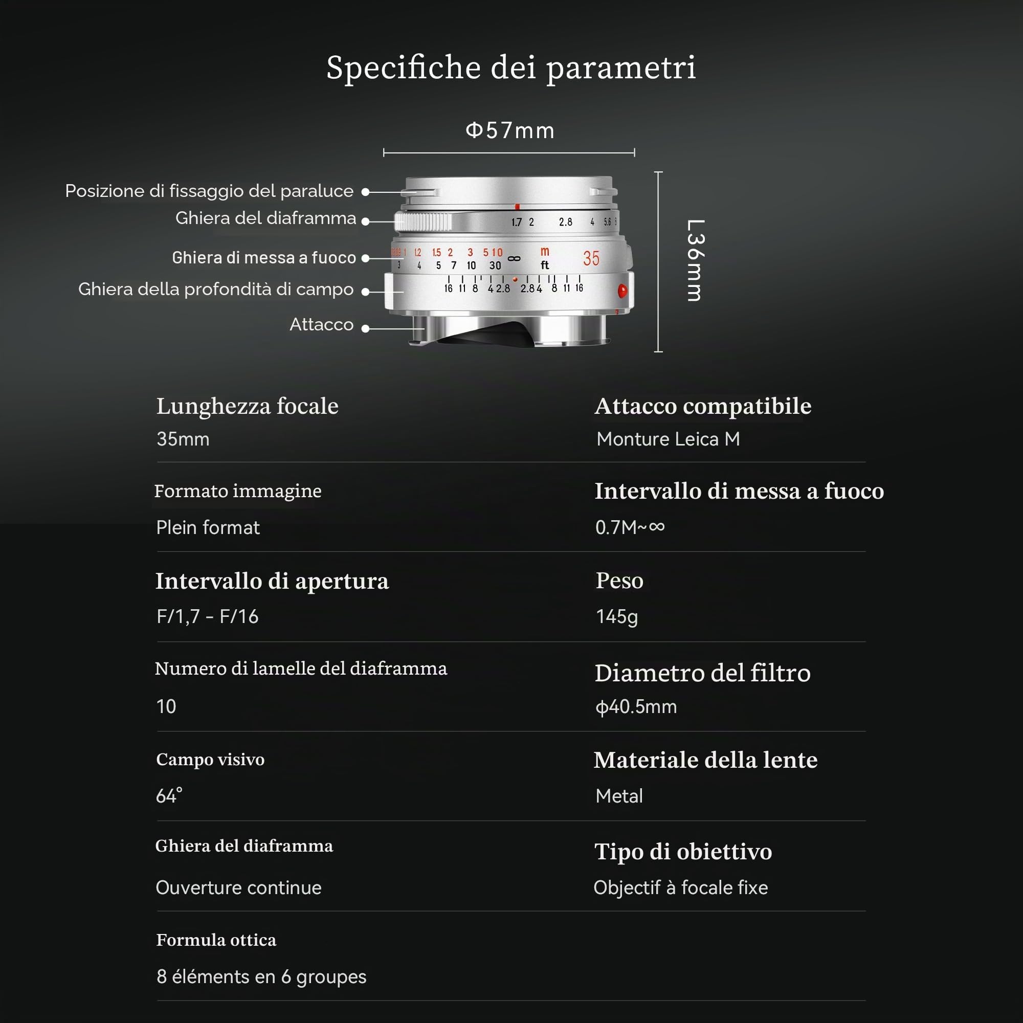 7artisans Seagull M35mm F1.7 Obiettivo Full Frame, obiettivo prime a fuoco manuale per fotocamere Leica con attacco M, ampia apertura F1.7, compatibile con Leica M240 M3 M6 M7 M8 M9 M9P M10
