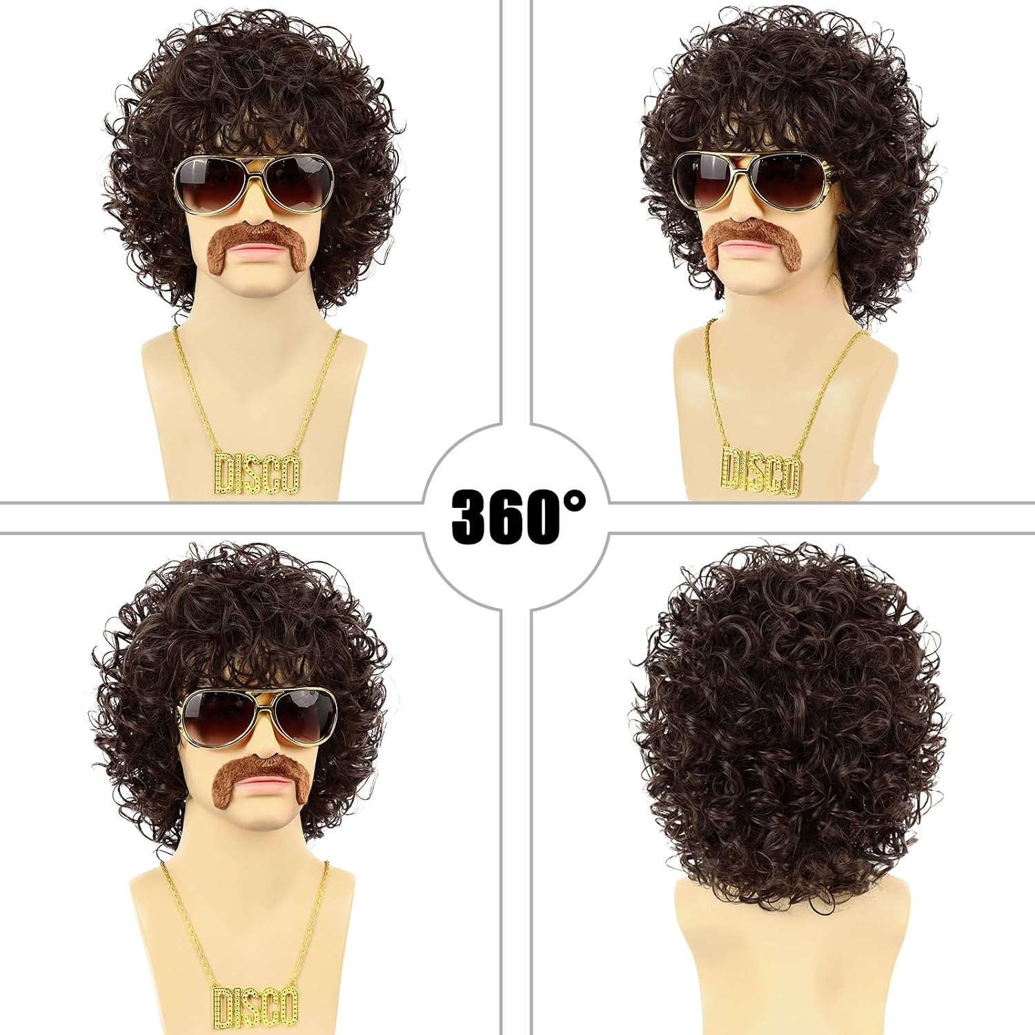 Men’s Afro Curly Wig for 70s Disco Party 5Pcs Set (Wig+ Glasses+ Necklace+ Mustache+ Wig Cap) 70s Outfits for Costume Cosplay Halloween Party (Brown, 5Pcs Set) image 3