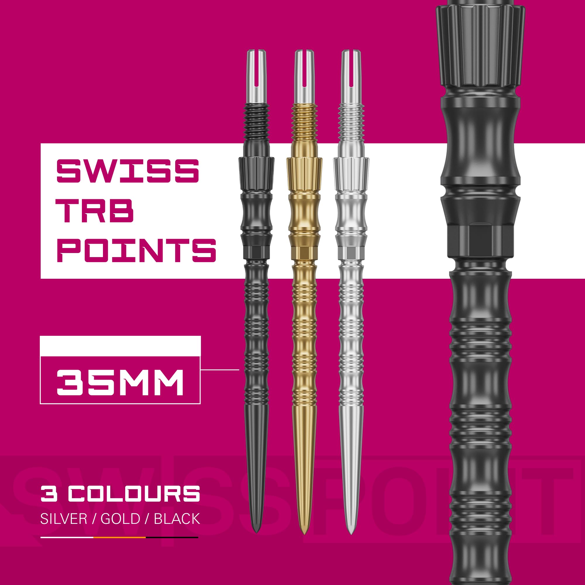 Target Darts Signature Swiss Point TRB | Lot de 3 Eembouts | 30MM/35MM/42MM – Or/Argent/Noir | Changement Fléchettes Pointes, Swiss Point Technologie, Professionnels Fléchettes Accessoires