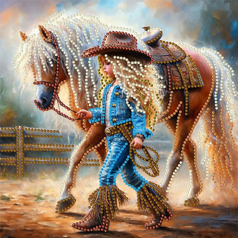C'eitura 4Pcs Cowgirl Diamond Art Painting Kits, 5D DIY Special Shape Crystal Partial Drill, 30x30cm Western Cowboy Wall Art, Country & Ranch Themed Decor, Unique Gift for Cowgirls & Horse Lovers​