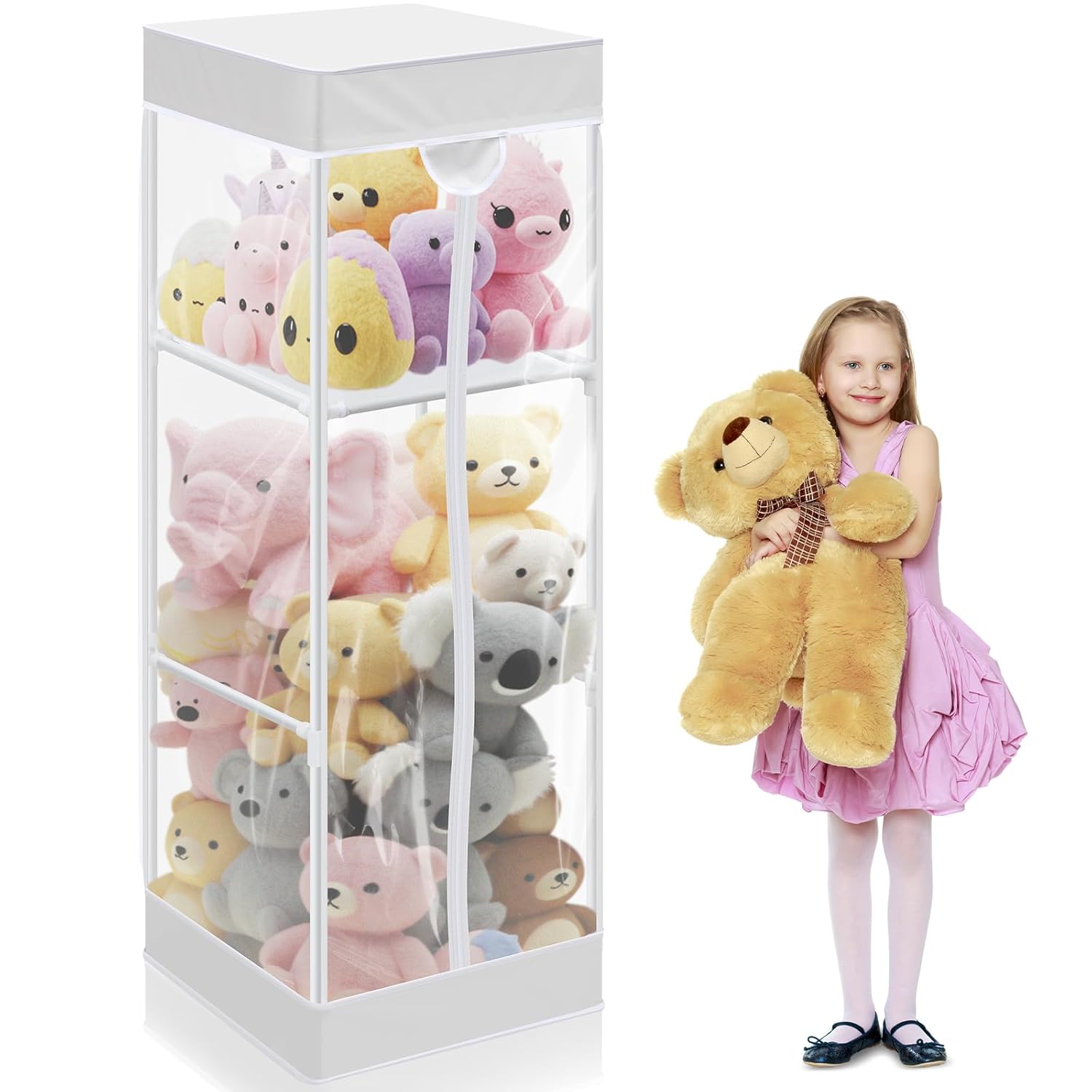2-tier Plush Toy Stuffed Animal Storage Organizer with Zippered Large Stuffed Toy Holder PVC Waterproof Dustproof Cover 47. 2 Inch Stuff Animal Organizer Holder for Nursery(White)