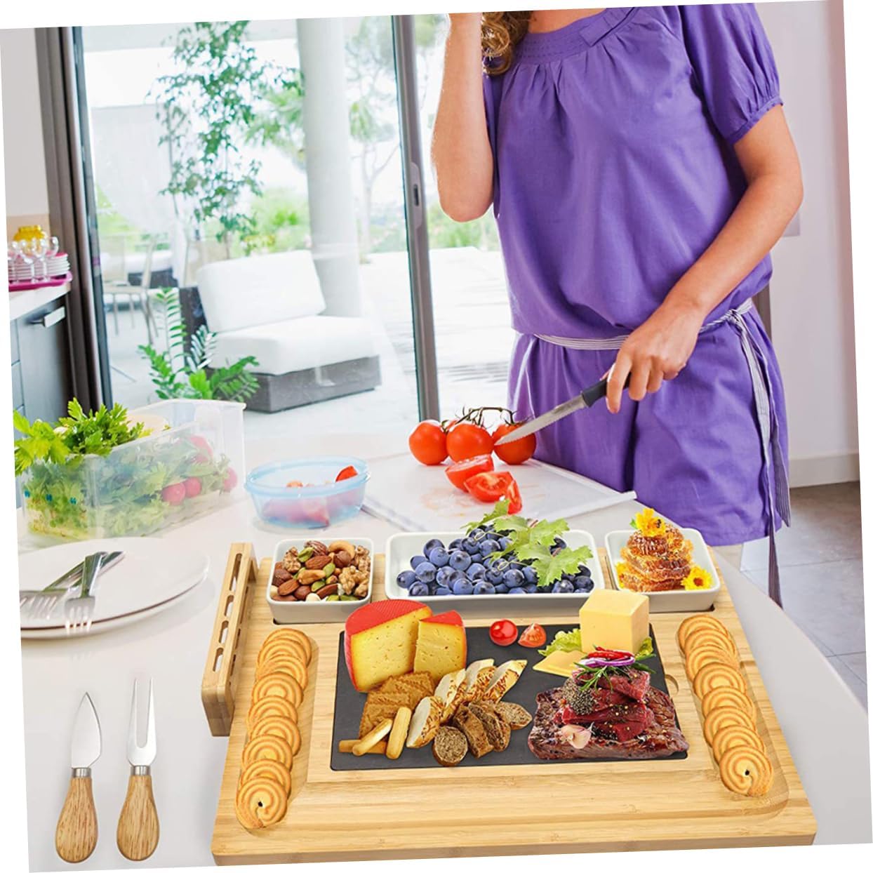 Unique Bamboo Cheese Board with Accessories Charcuterie Platter for Home Housewarming Weddings Parties Easy to Clean Cheese Cutting Plate Lovers