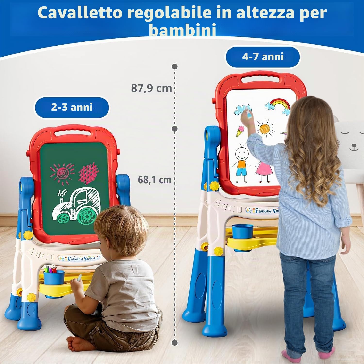 Lavagna per Bambini 4 in 1 con Lavagna Bianco Cancellabile, Lavagna Nera per Gessoi e Magnetica, Cavalletto Pitturai Regolabile Altezza, Giochi Educativi Regalo 2 3 4 5 6 Anni