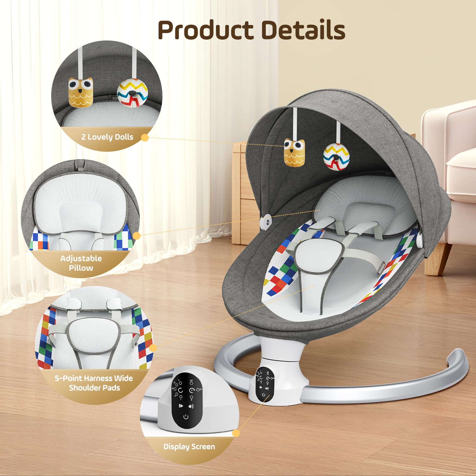 Sdraietta Neonati, Dondola Passeggino Elettrico con Telecomando e Wireless,con 10 musica,pieghevole, con telecomando e Blueteeth,con imbracatura di sicurezza a 5 punti