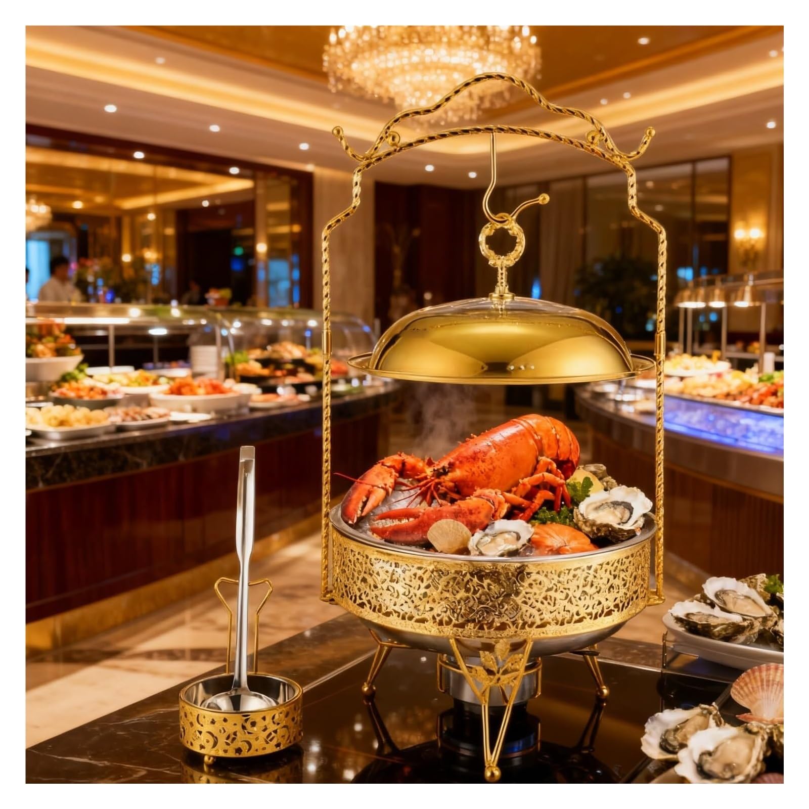 Estufa de comedor con tapa colgante dorada redonda de acero inoxidable | Juego de servidor y calentador de buffet, bandeja calentadora de encimera for fiestas(6L)