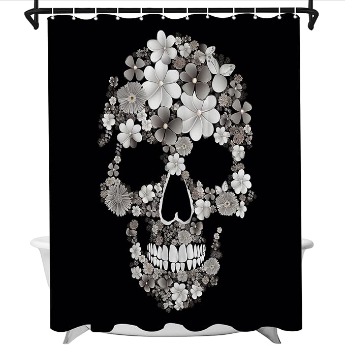 Funny Floral Halloween Shower Curtain Gothic Spooky Skull Theme Bathroom Decor Set Machine Washable Waterproof Fabric 72 x 72 Include Hooks Black