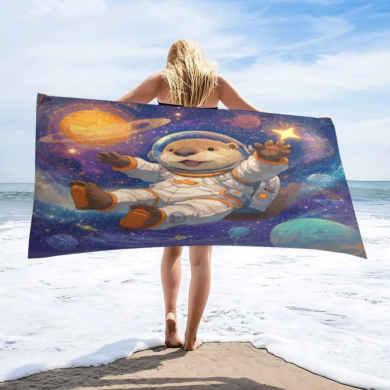 Luyysky Cute Anime Otter Astronaut Quick-Drying Beach Towel, Classic Oil Painting Outer Space Galaxy Constellation Animal Otter Travel Vacation Single Sided Pile Bathroom Towels-80 W Cm X 160" L Cm