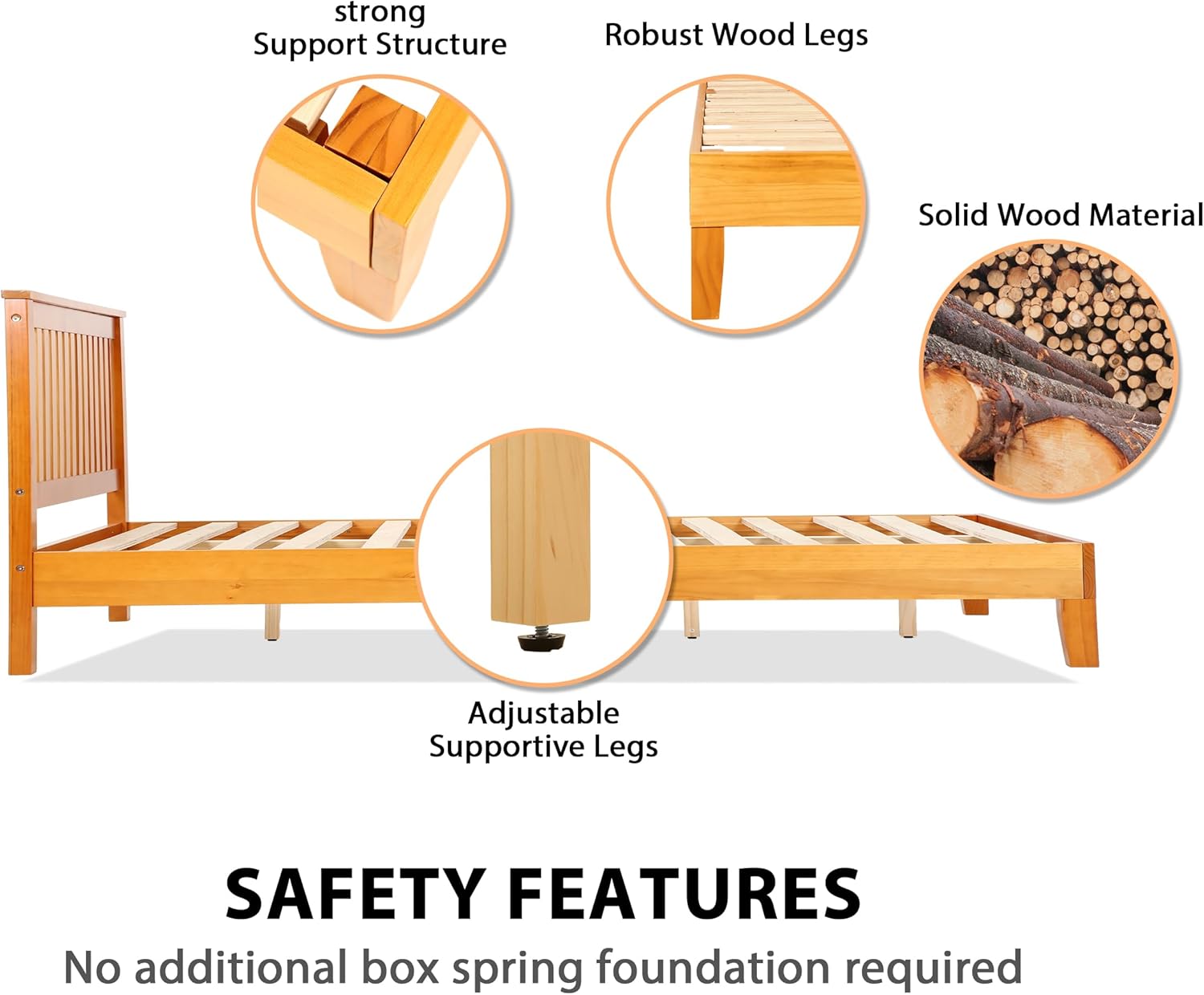 Queen Wood Bed Frame with Headboard, 14 Slats, No Box Spring Needed, Modern, Brown