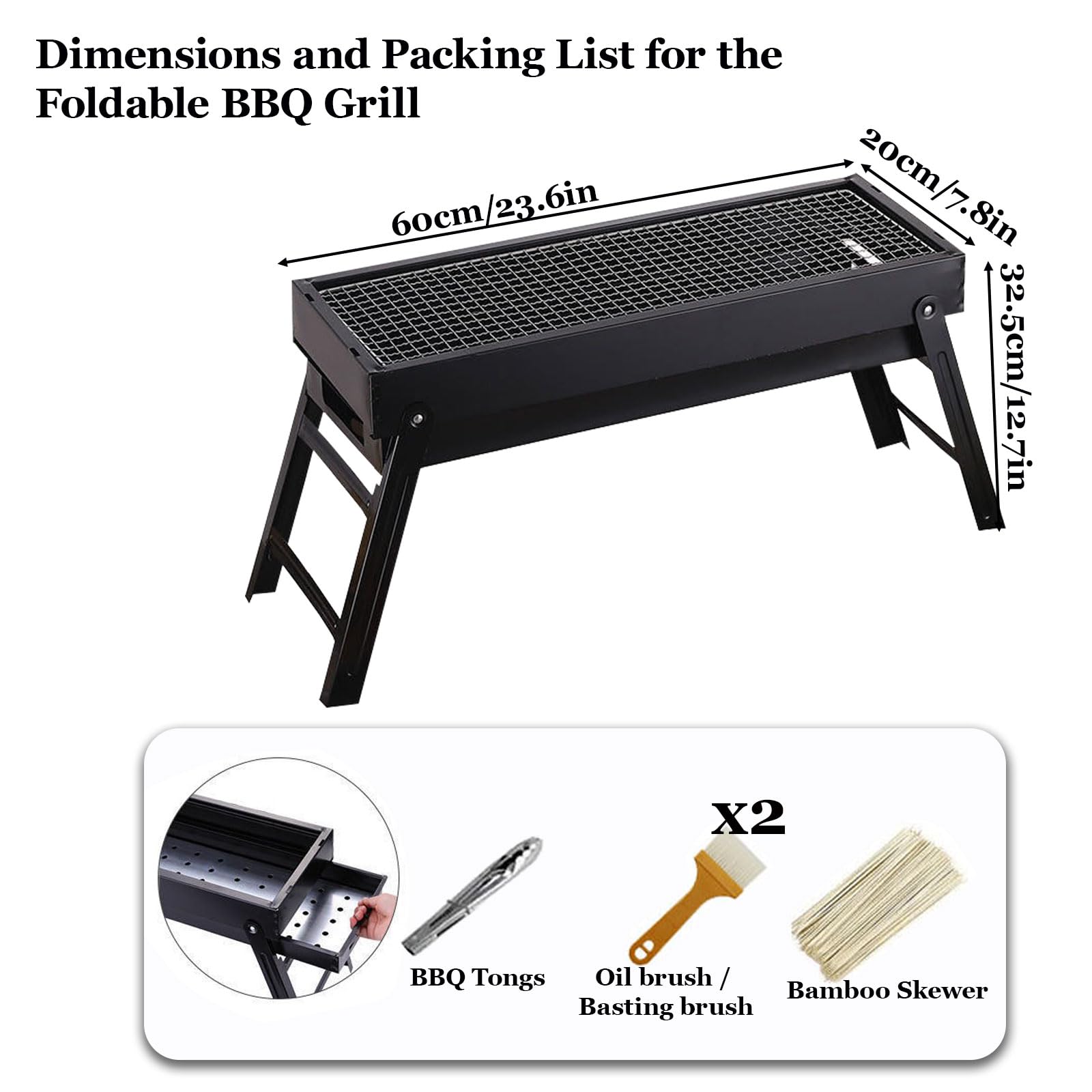 Generico Barbecue da Picnic, Mini Barbecue, BBQ Portatile Pieghevole, a Carbonella, Portatile, per Esterni, Giardino, Feste,Nero,60cm/23.6in