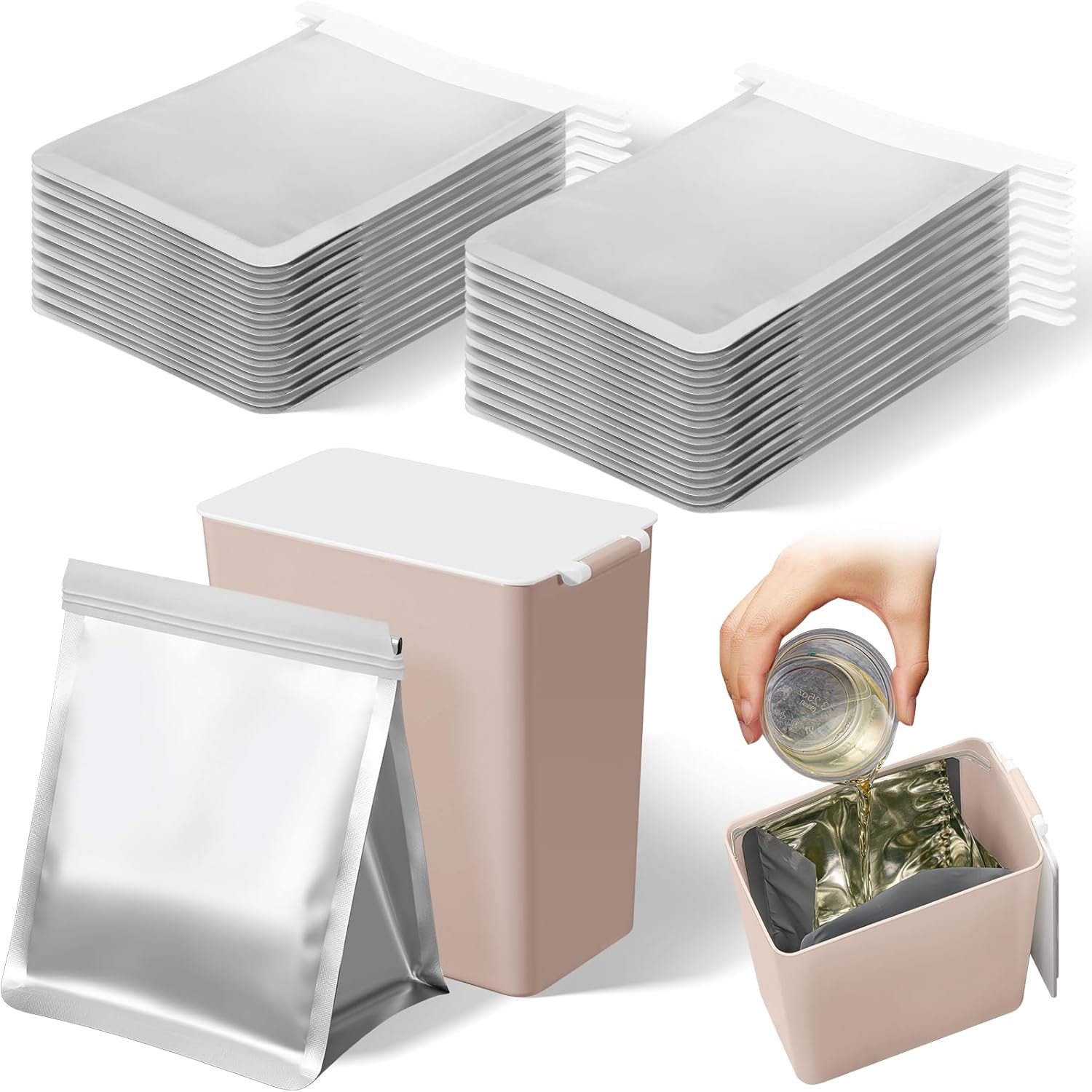 Hushee Set of 76 Grease Container for Kitchen with 75 Pcs Foil Liners Disposable Grease Bags, 1 Pcs White Storage Bin, Cooking Oil Container Help Stop Kitchen Drains from Getting Clogged