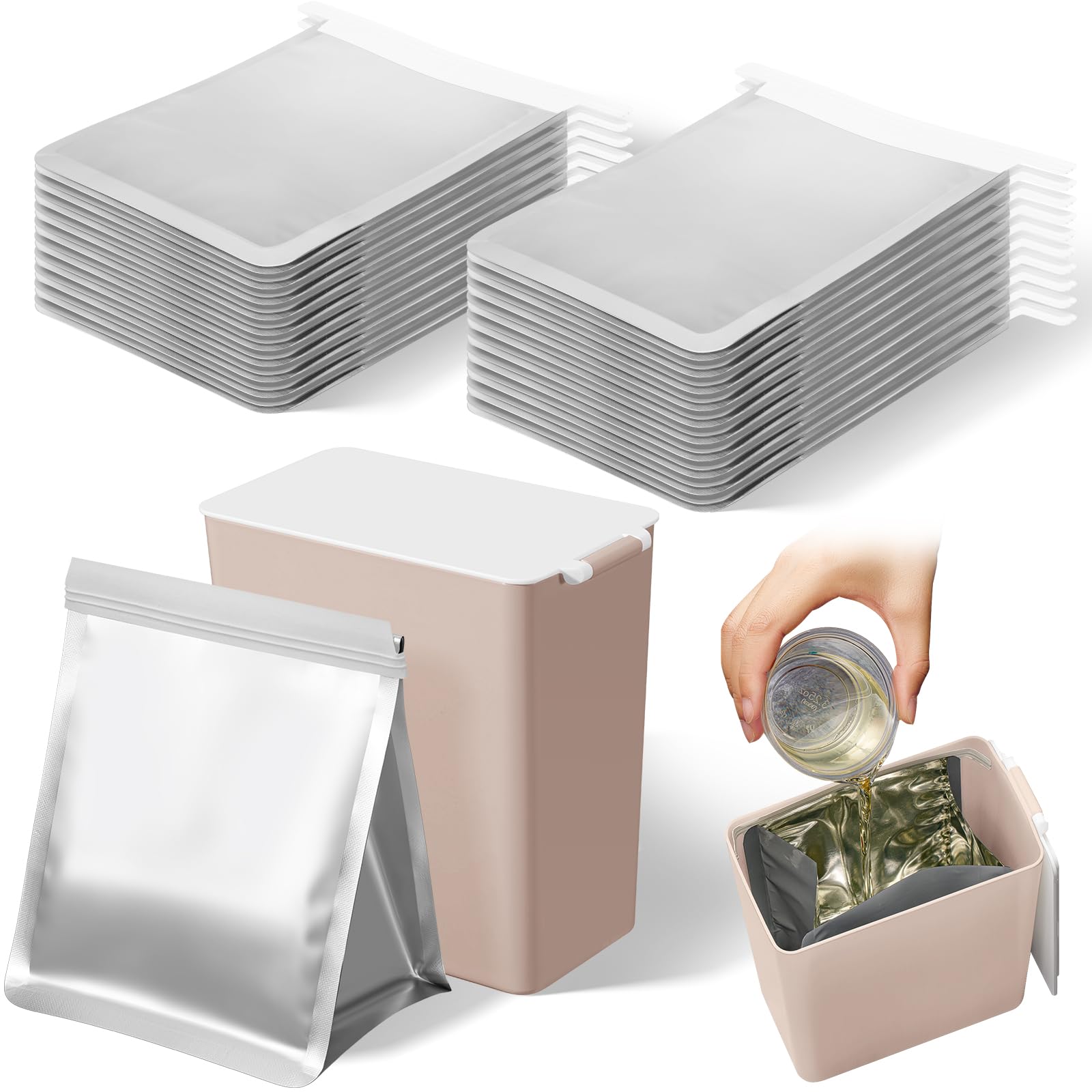 Hushee Set of 26 Grease Container for Kitchen with 25 Pcs Foil Liners Disposable Grease Bags, 1 Pcs Storage Bin, Cooking Oil Container Help Stop