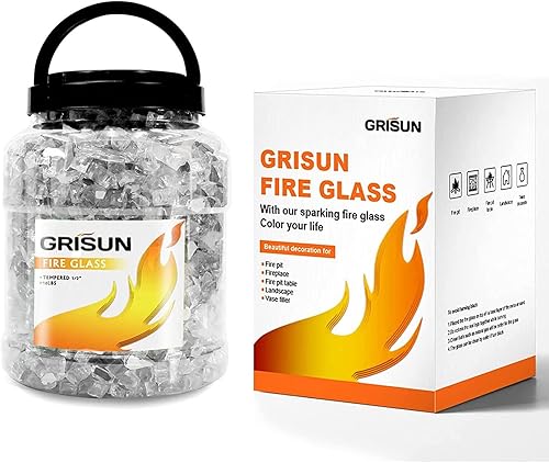 GRISUN Vidrio de fuego ultra blanco de 30 libras para hoguera, rocas de vidrio templado reflectante de 12 pulgada de alto brillo para chimenea
