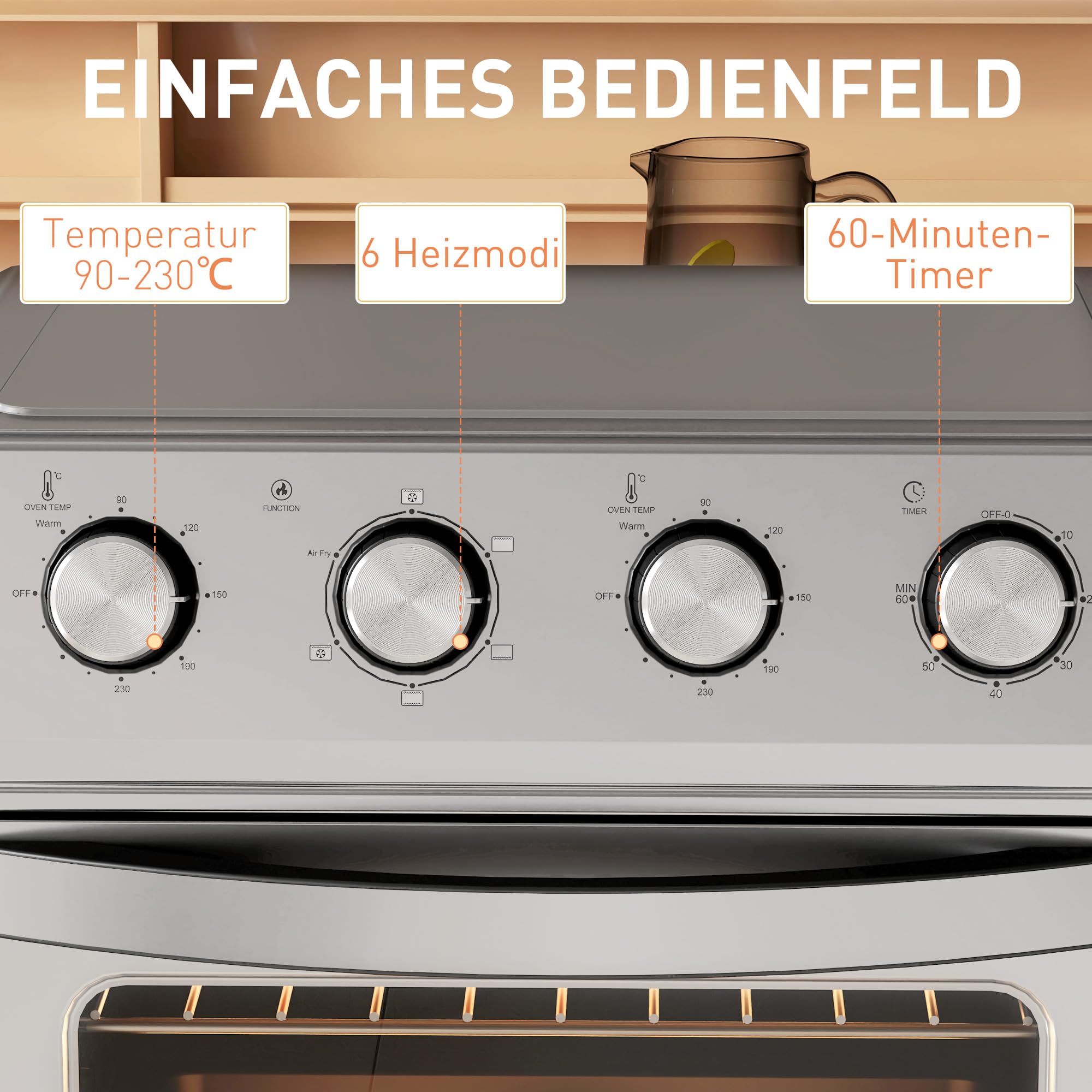 HOMCOM Mini Backofen mit Umluft Minibackofen 24 L 1600W 90-230℃ Silber | 60 Min. Timer, Heißluftfritteuse inkl. Backblech Grillrost, Heißluftofen, Innenbeleuchtung