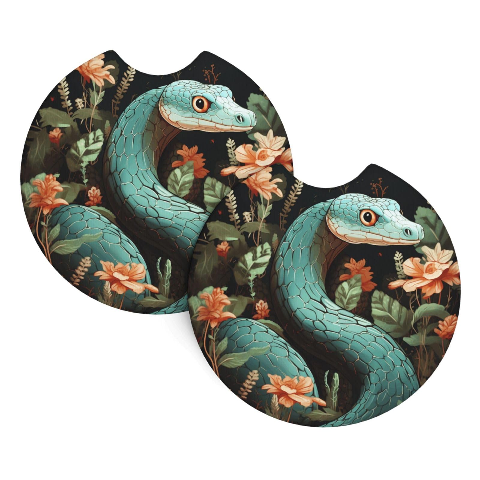 2PCS Car Coaster for Cup Holders Universal Auto Cup Mat Snake and Flower Cup Coaster Pad 2.7" Waterproof Neoprene Non-Slip Cup Holder Coasters Car Interior Accessories for Women Men