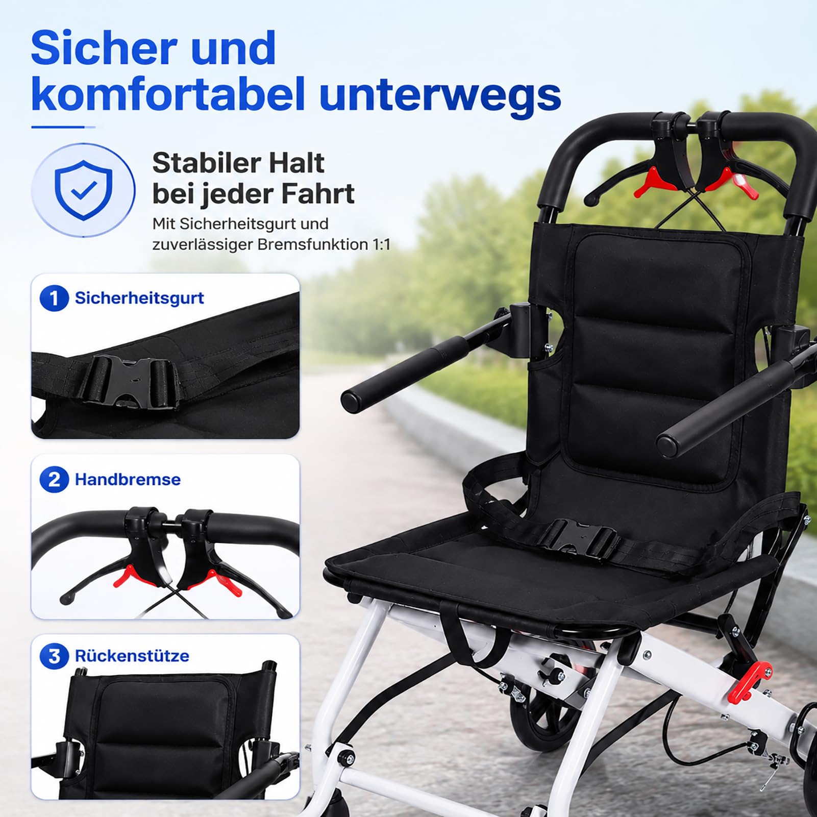 Leichtgewicht Rollstuhl Faltbar | Nur 8,2 kg, kompakt faltbar für Reisen und Alltag. Mit Sicherheitsgurt, PU Rädern und stabilem Carbonstahlrahmen.