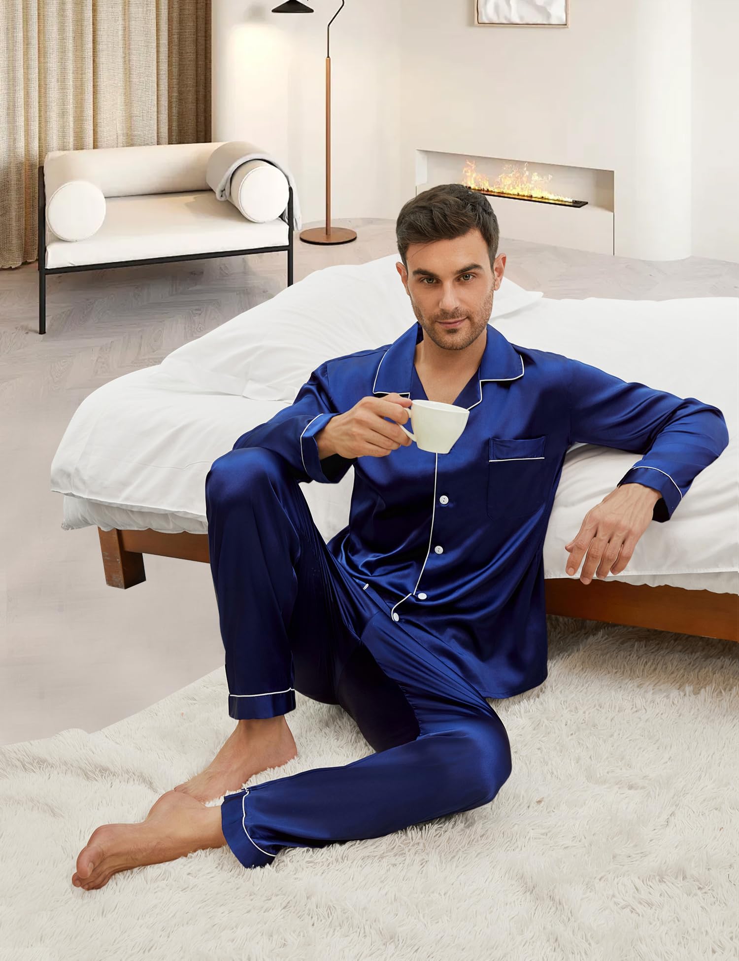 Pigiami Due Pezzi da Uomo Pigiama Raso con Bottoni Set Pigiama Top a Maniche Lunghe con Tasche, Pantaloni Pigiama Uomo Classic Loungewear