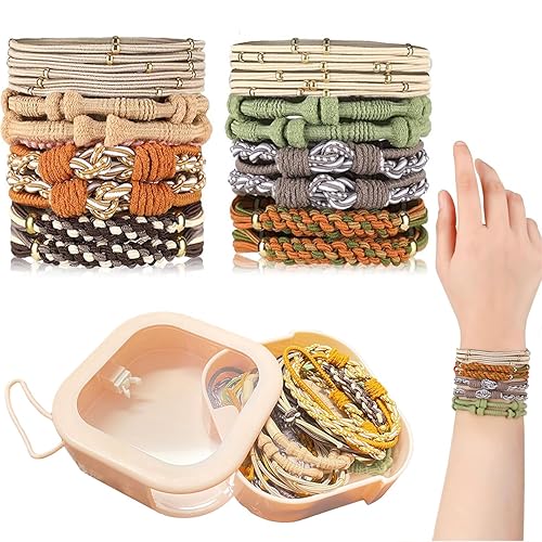 ROVIGO Organizador de lazos para el cabello con 16 pulseras elásticas bohemias sin daños, pequeño organizador portátil para cintas para el cabello