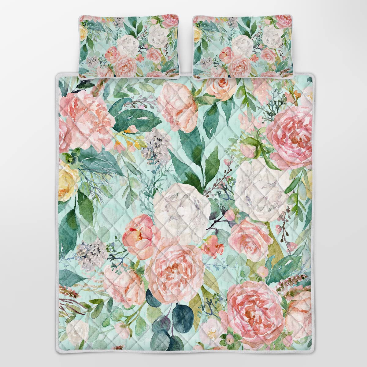 BEDMUST Pink Flower Quilt Set Full, Girl Pink Floral Bedspread Quilts, Pale Pink Blossom Petal Bedspread, Bedroom Living Dorm Room Decorative (Includes 1 Quilt, 2 Pillowcase)