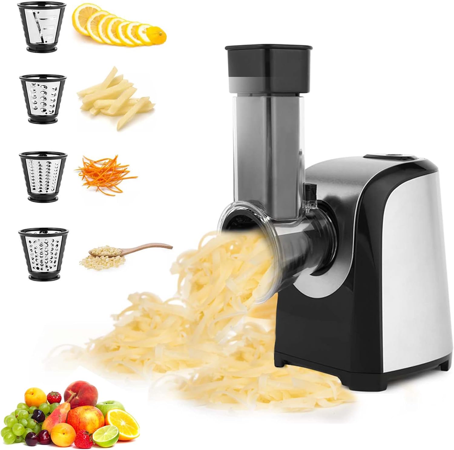 Electric Cheese Grater,Professional Electric Slicer Shredder,150W 4 in 1 Electric Salad Machine for Fruits, Vegetables, Cheeses, Salad Maker with 4 Free Attachments for Home Kitchen Use