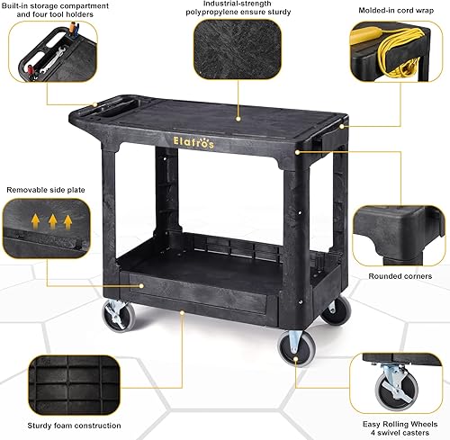 Miniatura 3 de ELAFROS Carro Utilitario de Plástico Resistente, 37 x 18.8 pulgadas, Tapa Plana, Ruedas Giratorias, Capacidad de 550 libras, Negro
