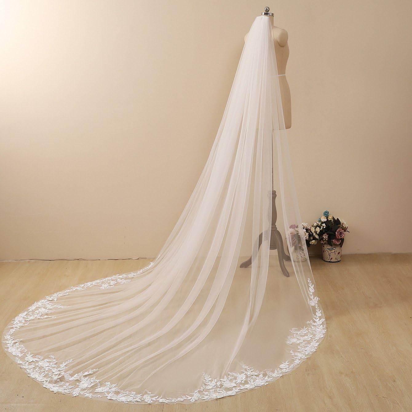 Cathedral Length Lace Floral Wedding Bridal Veil with Comb for Bride