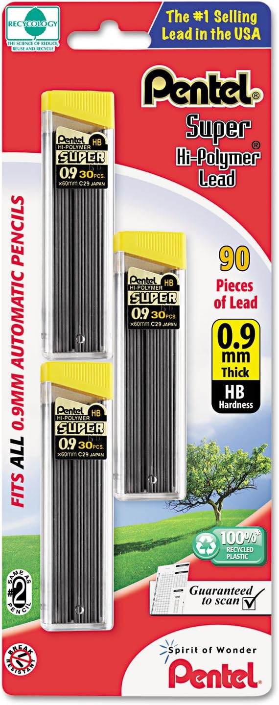 Super Hi-Polymer Lead Refills, (0.9 mm), Thick, HB, Pack of 3, 90 Pieces of Lead (C29BPHB3)