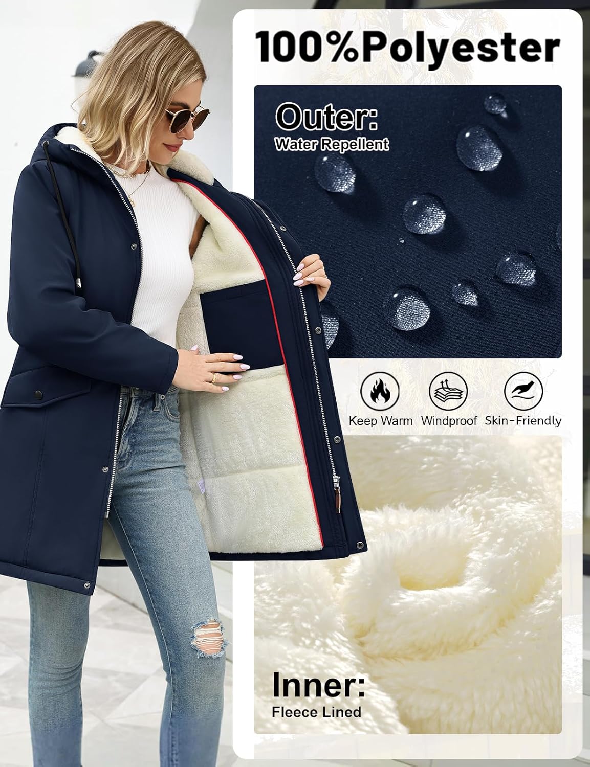 Women's Winter Rain Jackets Water-Repellent, Warm Fleece Lined Winter Rain Coats with Adjustable Hood & Hidden Pockets - Image 5