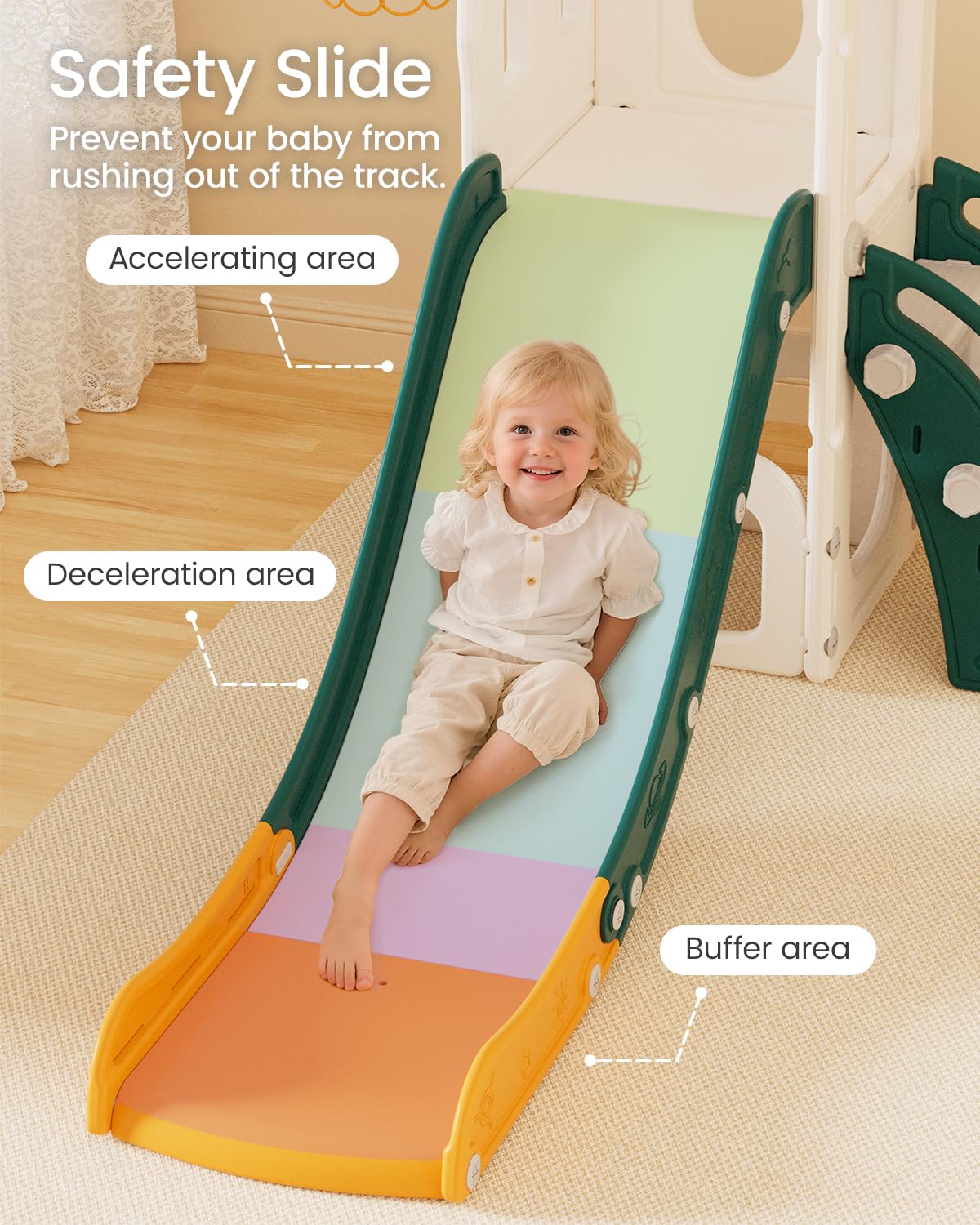 Tobogán Infantil, 5 en 1 Tobogán para Niños Interiores y Exteriores, con Aro de Baloncesto Espacio de Almacenamiento y Telescopio para Niños a Partir de 1 Año, Verde