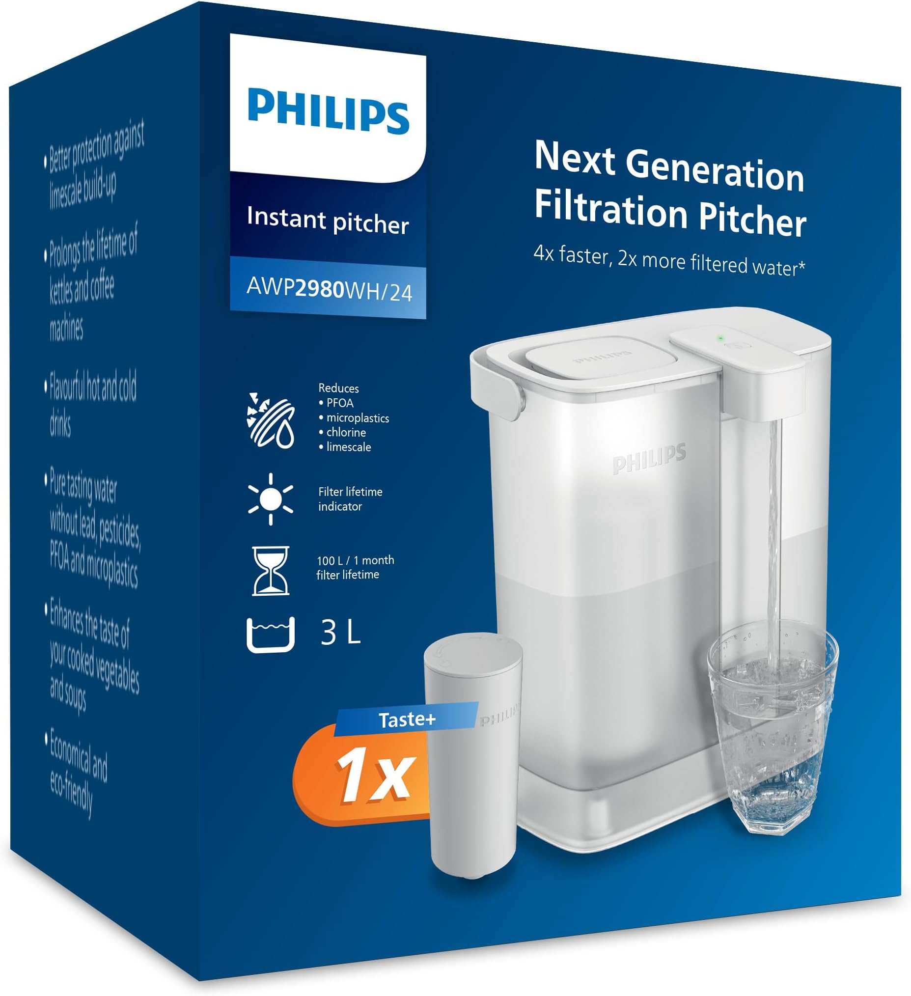 Philips Instant Water Filter Pitcher (3L) – Clean & Great-Tasting Water in Seconds – – 1x Taste + Filter, reduces chlorine&lead, preserves minerals