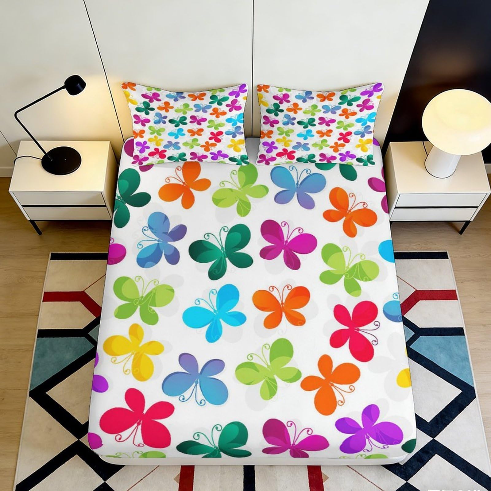 3D Printed Colorful Butterfly Fitted Sheet Microfiber Soft Breathable Vibrant Print Bed Cover for Bedroom Dormitory Guest Room Mattress Protection 200x200x25cm