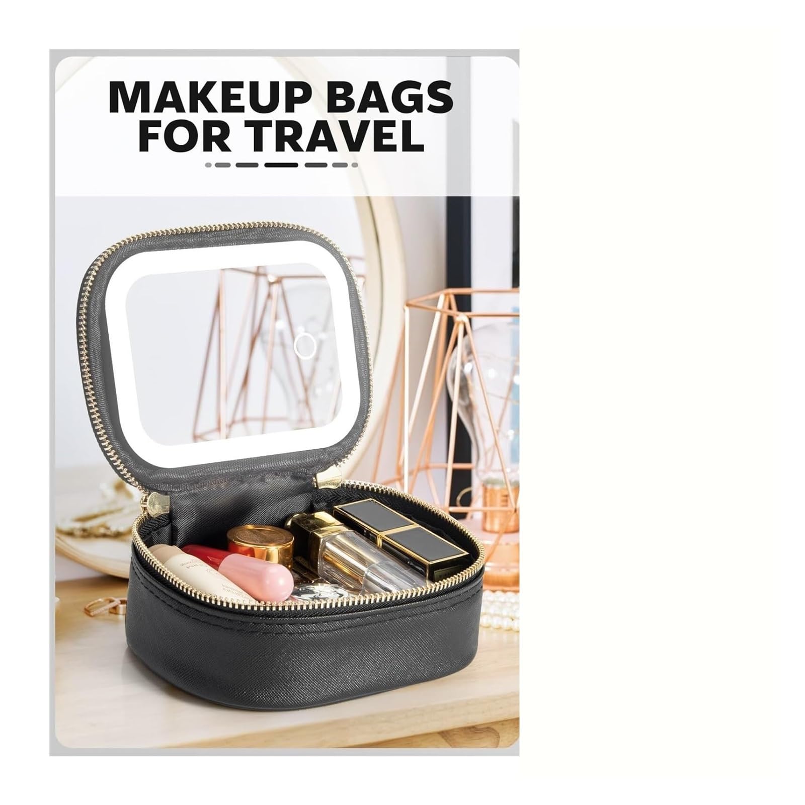 Bolsa Maquillaje Mini Neceser de Maquillaje con Espejo, pequeño Organizador de cosméticos de Viaje, 3 Luces de Brillo Ajustable, artículos de tocador de Tren portátil