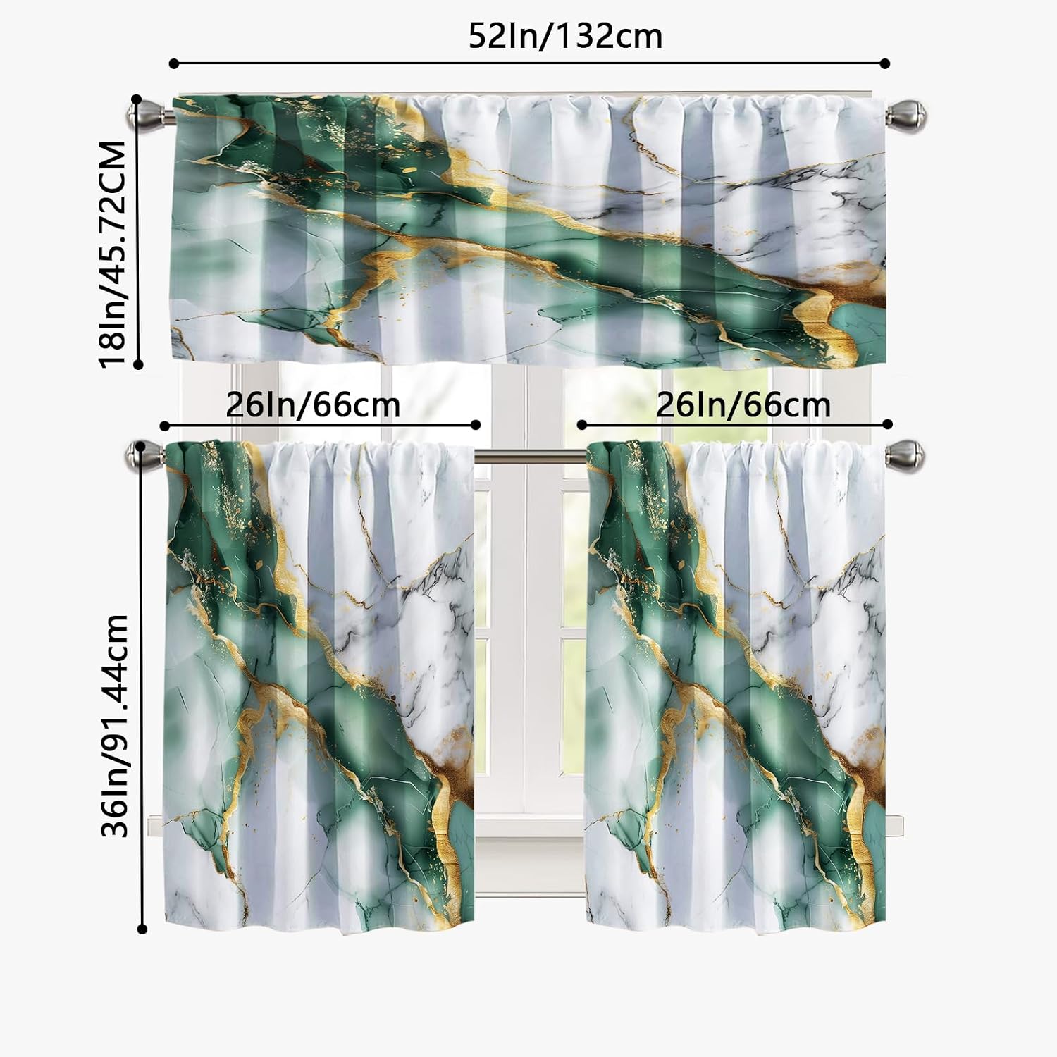 Green Marble Blackout Kitchen Window Tier Curtains and Valance Set, 52 x 36 Inch Abstract Art Window Curtains Set with Rod Pocket for Small Windows, Living Room or Bathroom