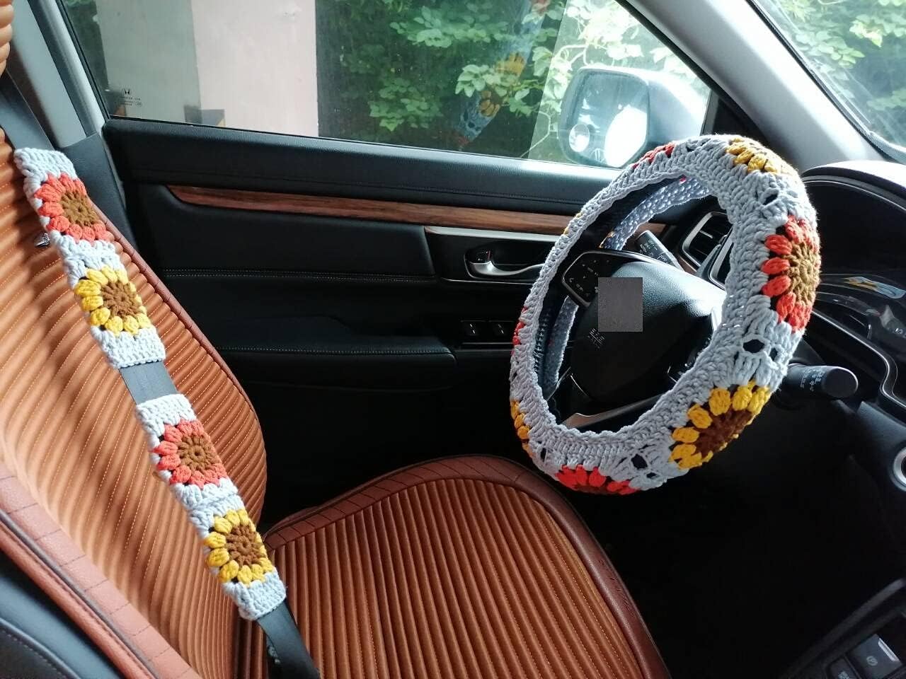 Steering Wheel Cover Crochet,Sunflower Crochet Steering Wheel Cover (Steering Wheel Cover+2 Belt Cover)