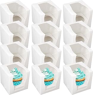 12pk White Cupcake Boxes Single | 9x9x9cm Single Cupcake Boxes With Window For Any Occasions | Single Cupcake Box Individual Cupcake Boxes Individual For Kids Party, Cupcakes Box Cupcakes Boxes