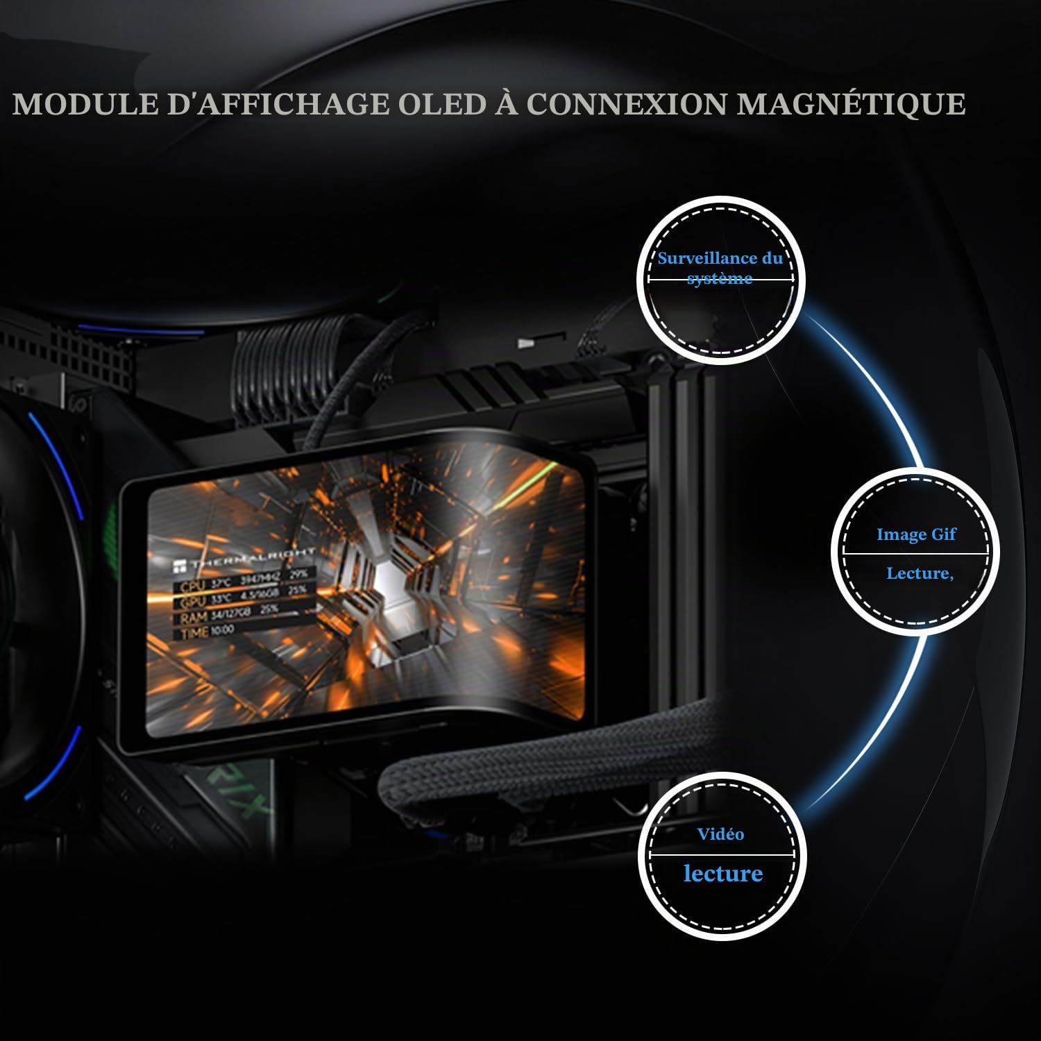 TR -Wonder Vision 360 TURBO ARGB Black AIO Refroidissement CPU, système de refroidissement étanche CPU, écran incurvé de 6,67 pouces avec résolution 2400x1080, pour AM4/AM5, LGA1851/1700, 7:3 rapport