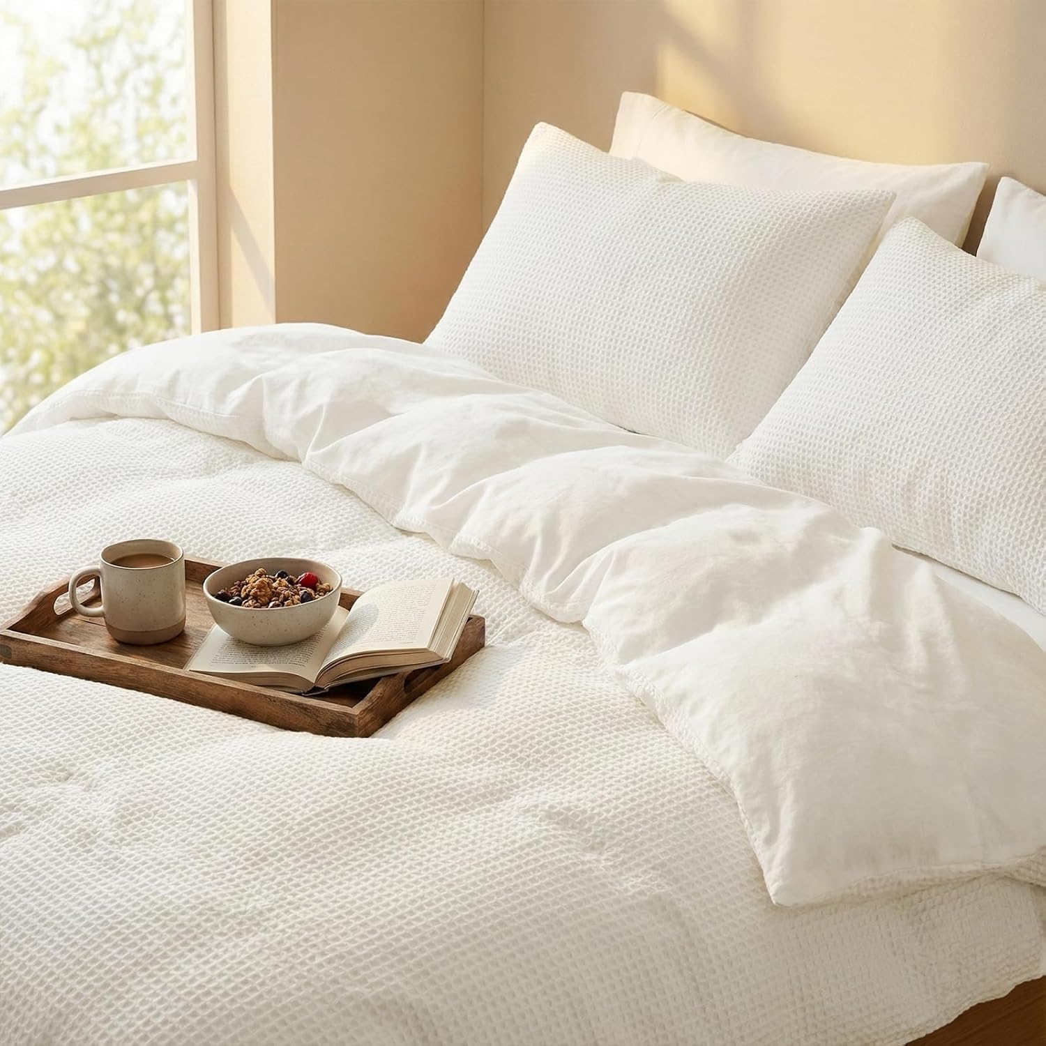 Cotton Duvet Cover Queen,100% Cotton Waffle Weave White Duvet Covers Queen Size,Luxury Textured & Breathable 3pcs with 2 Pillow Shams for All Season 90x90 Inches - Image 2