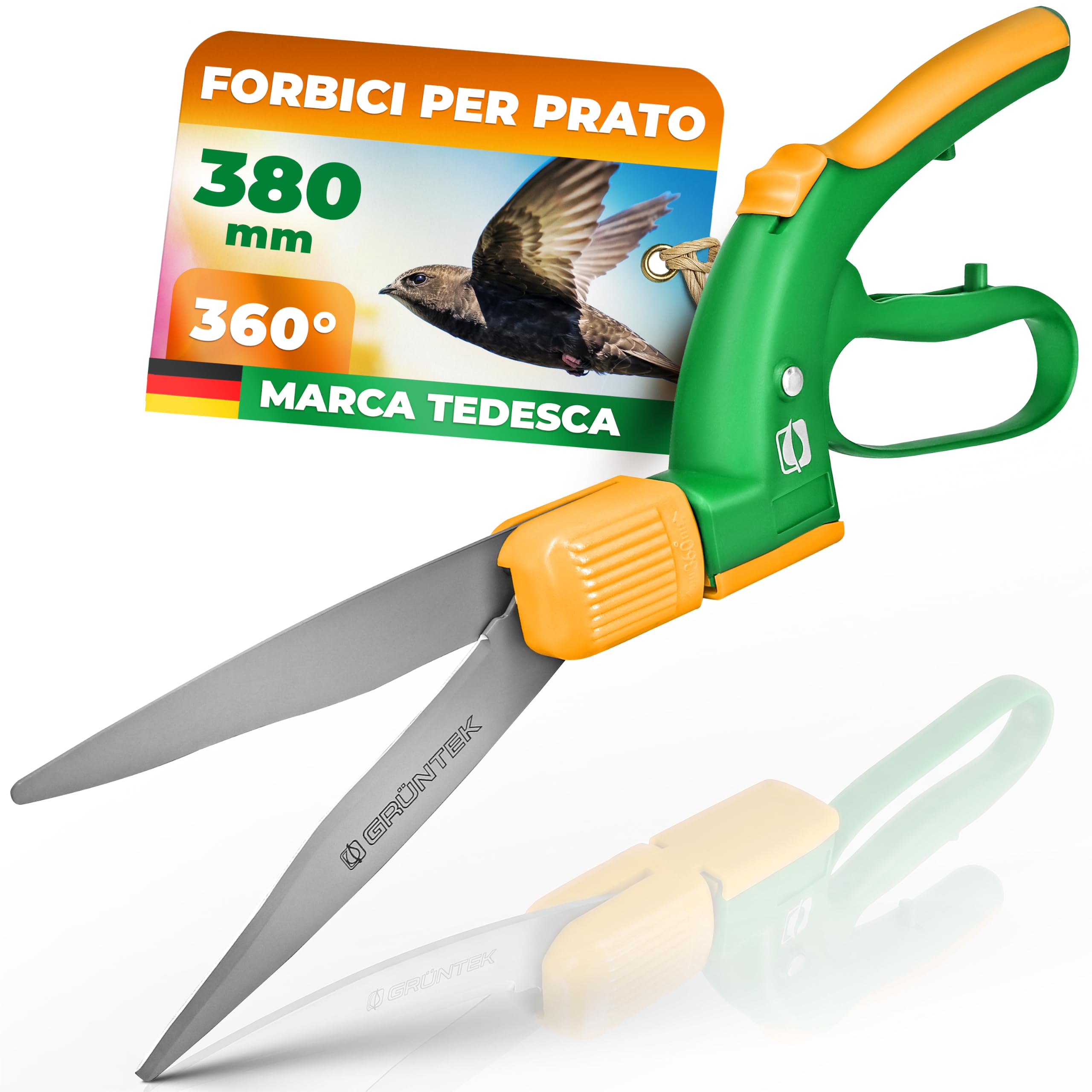 GRÜNTEK Forbici Taglia Erba 38 cm – Cesoie Prato Giardino Lame 13,5 cm Rotanti 360° - 16 Posizioni - in Acciaio SK5 Rivestite Teflon, Impugnatura Ergonomica – Ideali per Bordi, Muretti e Rifiniture.