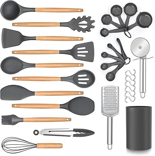 Miniatura 8 de LIANYU Juego de 30 utensilios de cocina de silicona con soporte, mango de madera resistente al calor, utensilios de cocina, herramientas de cocina,