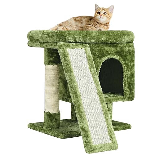YANDLVY Small Cat Tower for Cats, Cute Cat Tree for Indoor Cats, Kittens Condo with Scratching Post and Board, Cat Cave, Modern Cat Activity House with Plush Perch (Green) - Green