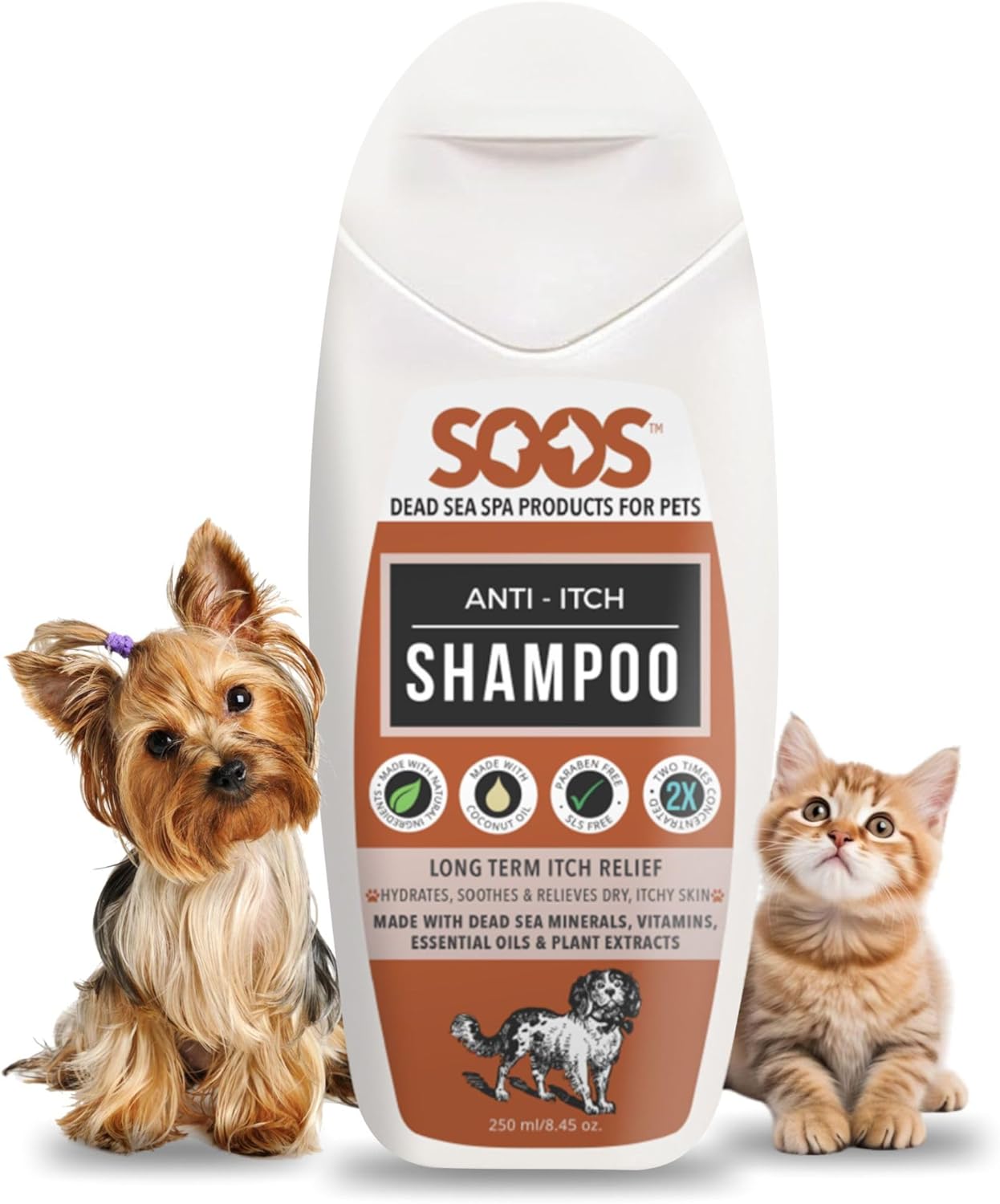 Soos Pet Shampoo Anti-Itch Cat and Dog Shampoo Dead Sea Minerals Fast Absorbing Soothes Itching Clean Fur with Vitamins Essential Oils Natural Ingredients – 1x Bottle (250ml)