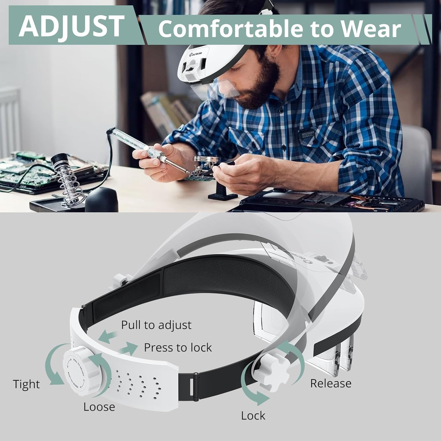 COLFULINE Head Magnifier with Light, Headband Magnifying Glass with 5 Interchangeable Lenses & 3 Color Modes, Hands-Free Magnifying Glass with USB Charging for Reading, Crafting, Close Work
