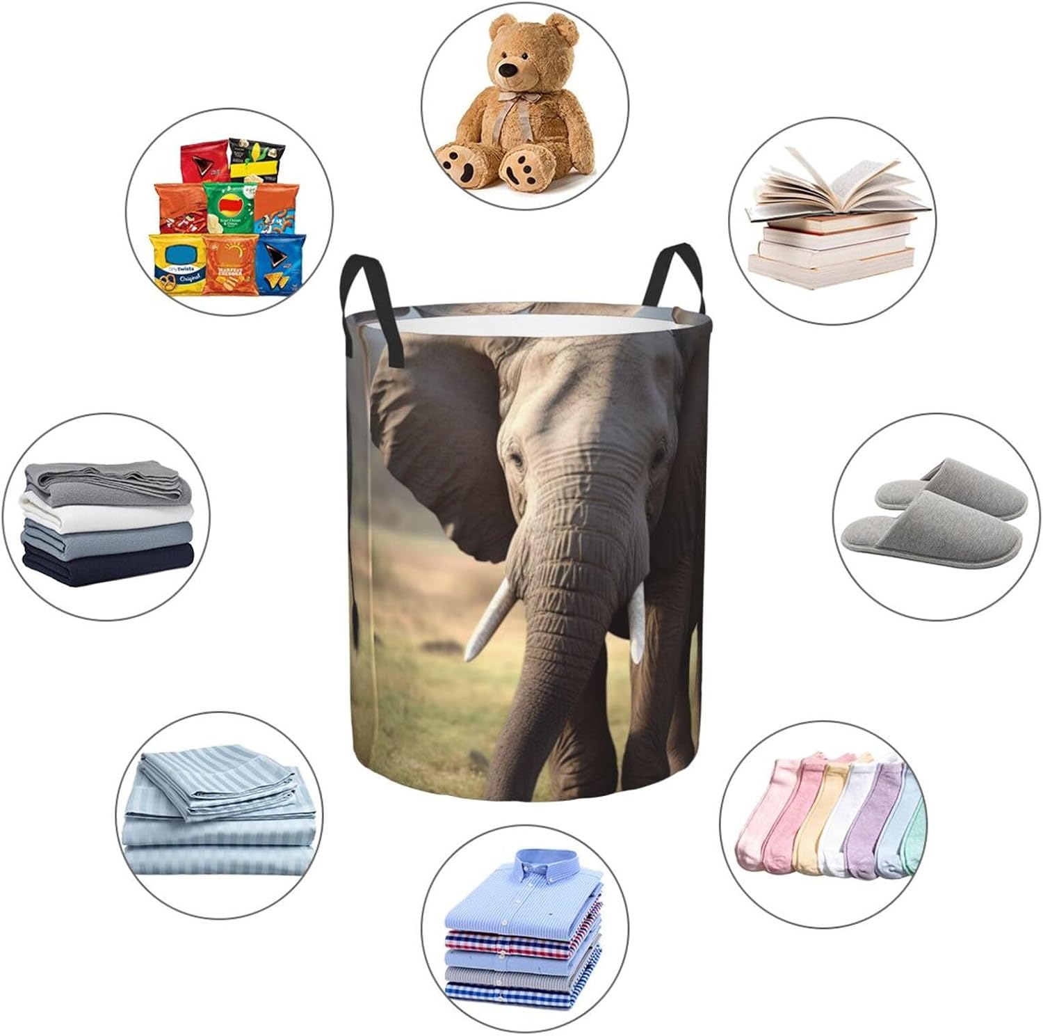 Big ears Elephant print Circular Hamper Waterproof Storage Bin Organizer Basket Laundry Hamper With Handles For Clothes Toys Medium