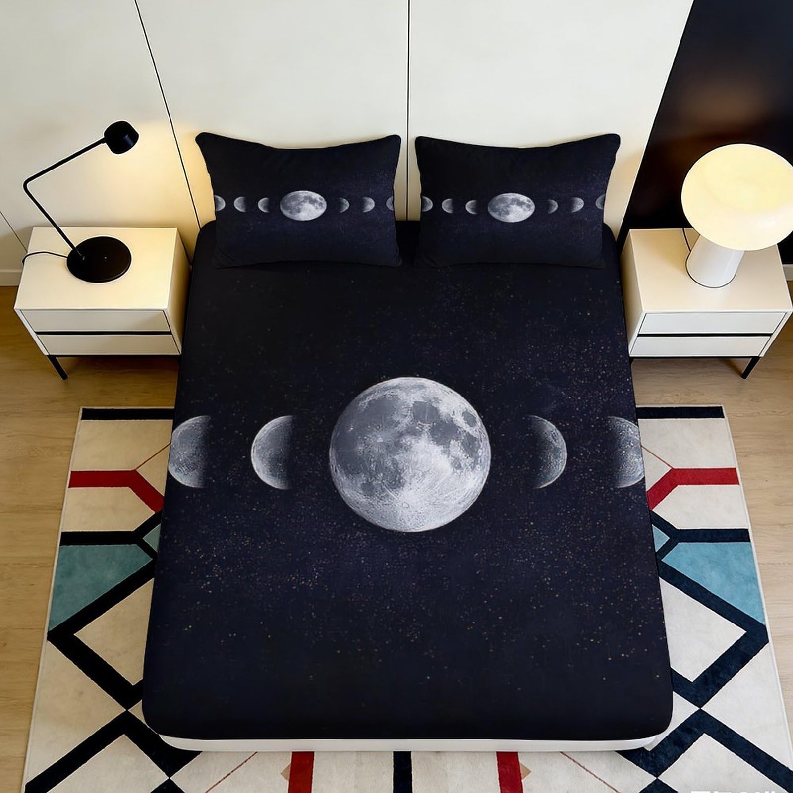 Pnayamiorkfel Style-5 3D Printed Moon Phase Fitted Sheet Microfiber Black Night Sky Mattress Cover For Bedroom Guest Room Decor 90X200x25cm